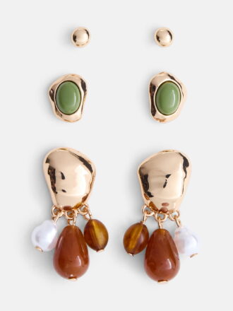 Scenario Women's Gold-Tone Stud and Drop Earrings Set, 3-Pair
