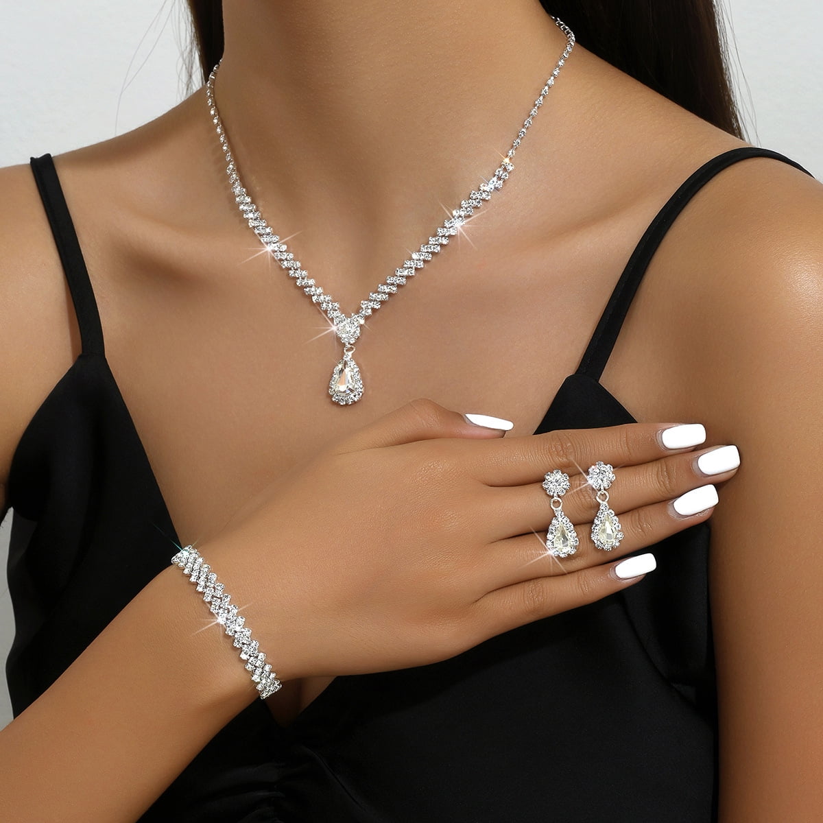 Sdmnsg-T Bride Silver Bridal Necklace Earrings Set Crystal Wedding Jewelry Set Rhinestone Choker Necklace for Women and Brides - Image 2