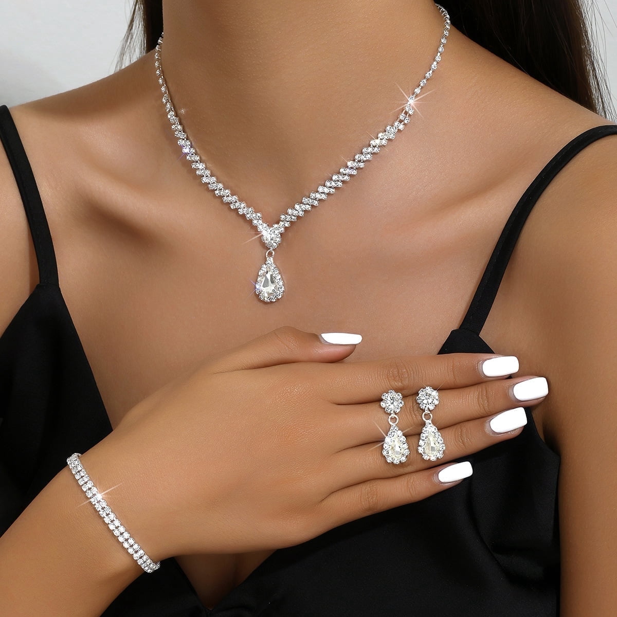 Sdmnsg-T Bride Silver Bridal Necklace Earrings Set Crystal Wedding Jewelry Set Rhinestone Choker Necklace for Women and Brides