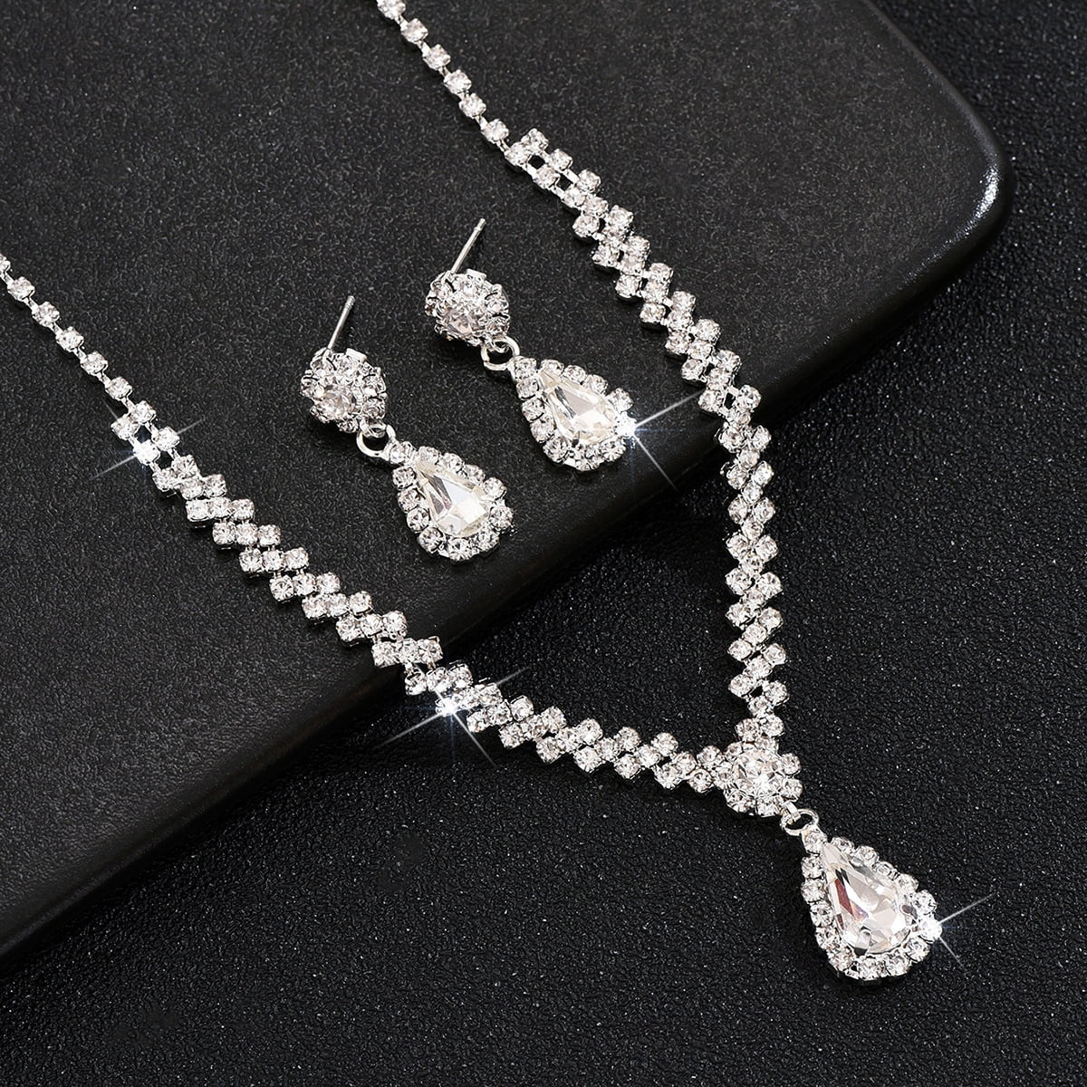 Sdmnsg-T Bride Silver Bridal Necklace Earrings Set Crystal Wedding Jewelry Set Rhinestone Choker Necklace for Women and Brides - Image 3