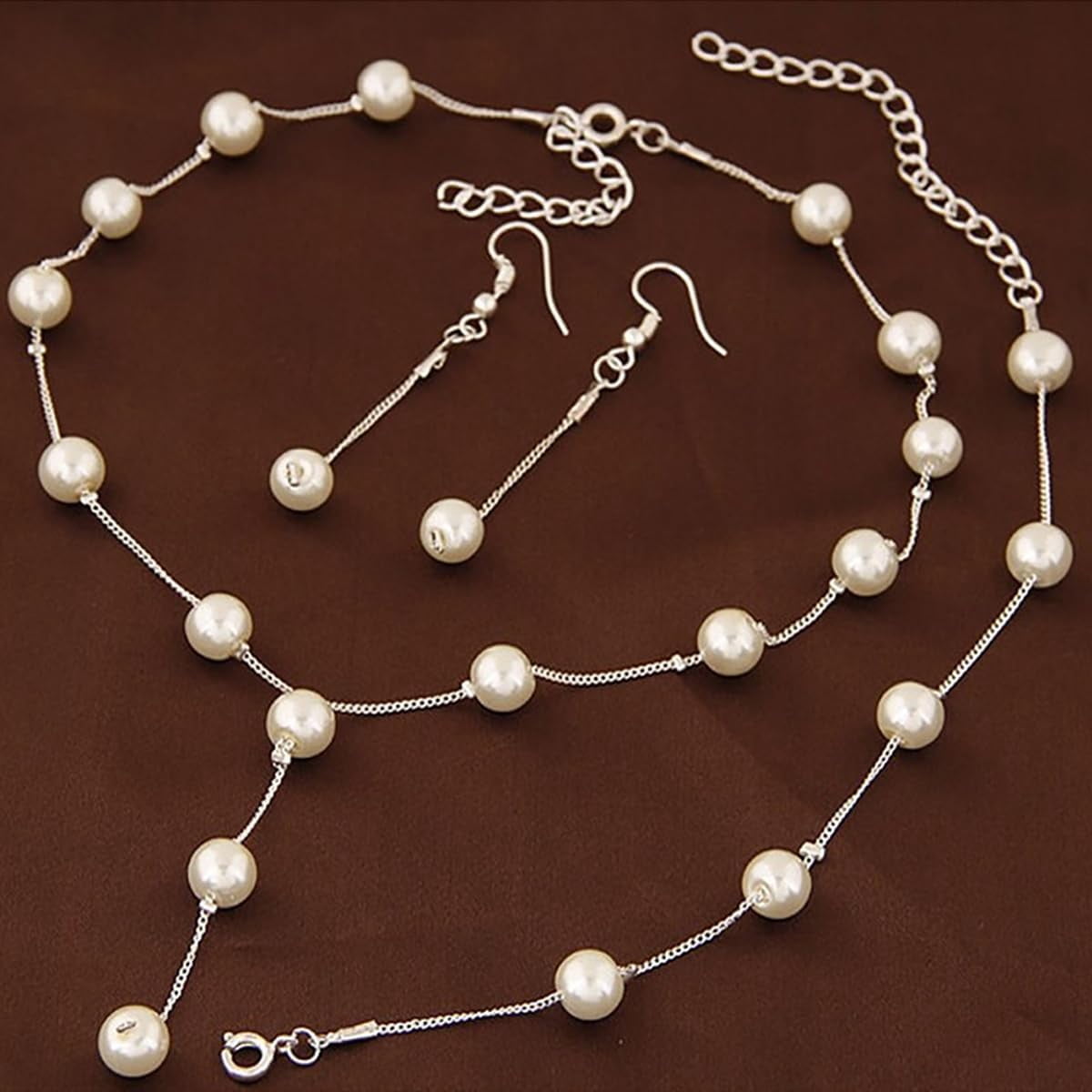 Simulated Pearl Wedding Jewelry Set - Faux Pearl Necklace, Bracelet, Earrings - Adjustable Y-Shaped Necklace - Dainty Bridesmaid Gifts - Image 2