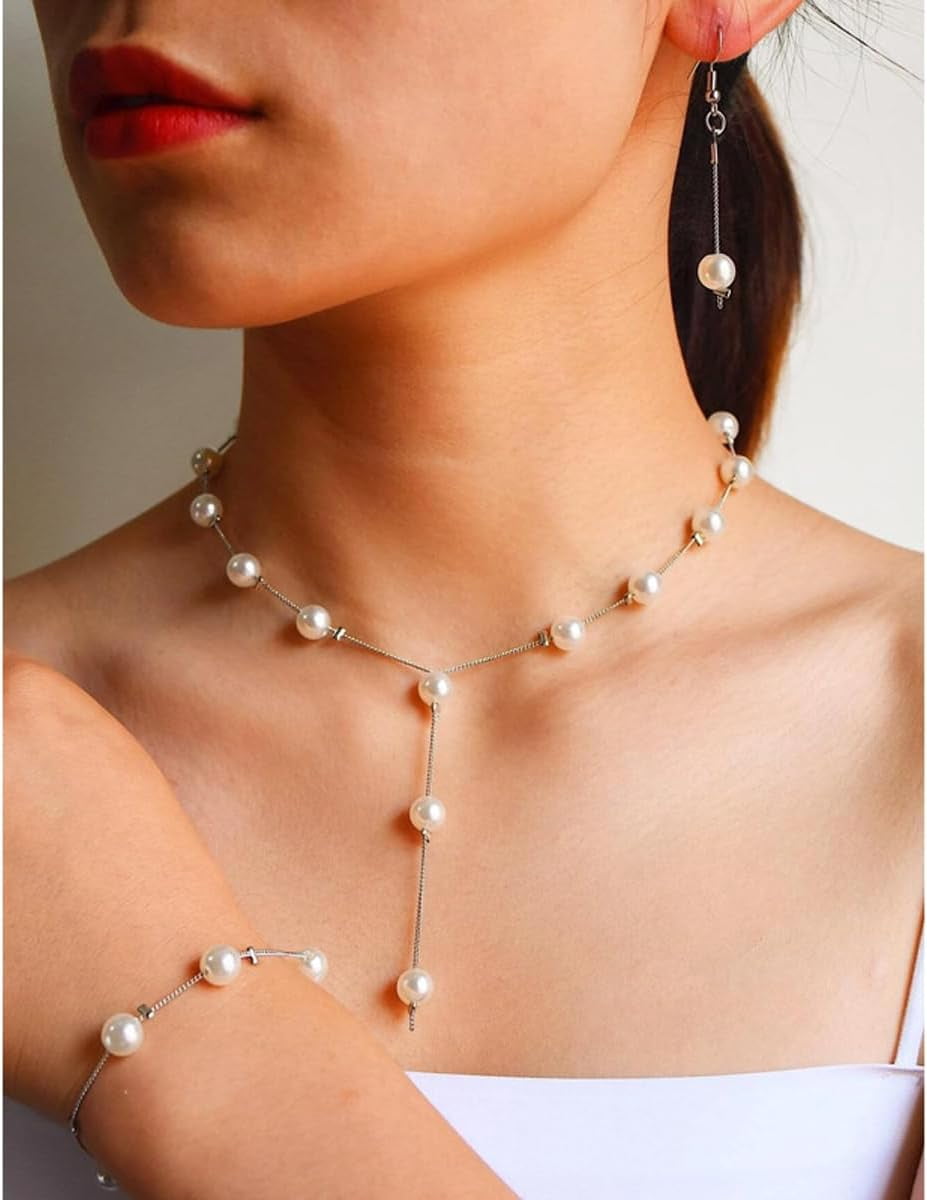 Simulated Pearl Wedding Jewelry Set - Faux Pearl Necklace, Bracelet, Earrings - Adjustable Y-Shaped Necklace - Dainty Bridesmaid Gifts - Image 4
