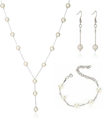 Simulated Pearl Wedding Jewelry Set - Faux Pearl Necklace, Bracelet, Earrings - Adjustable Y-Shaped Necklace - Dainty Bridesmaid Gifts