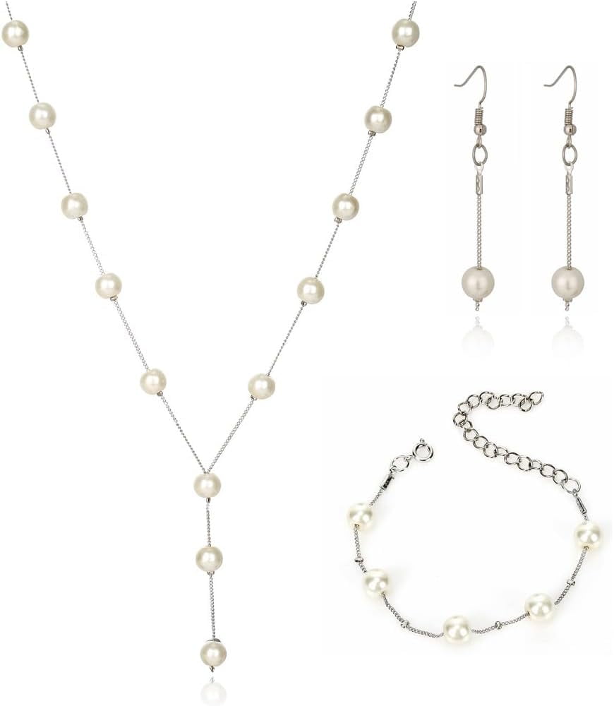 Simulated Pearl Wedding Jewelry Set - Faux Pearl Necklace, Bracelet, Earrings - Adjustable Y-Shaped Necklace - Dainty Bridesmaid Gifts