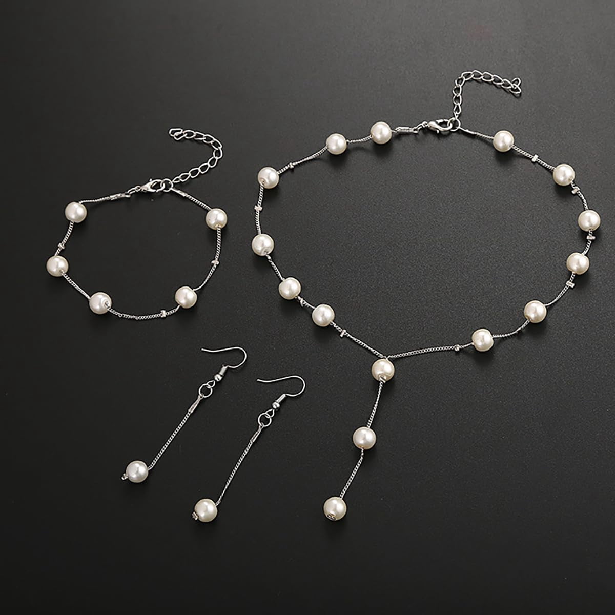 Simulated Pearl Wedding Jewelry Set - Faux Pearl Necklace, Bracelet, Earrings - Adjustable Y-Shaped Necklace - Dainty Bridesmaid Gifts - Image 5