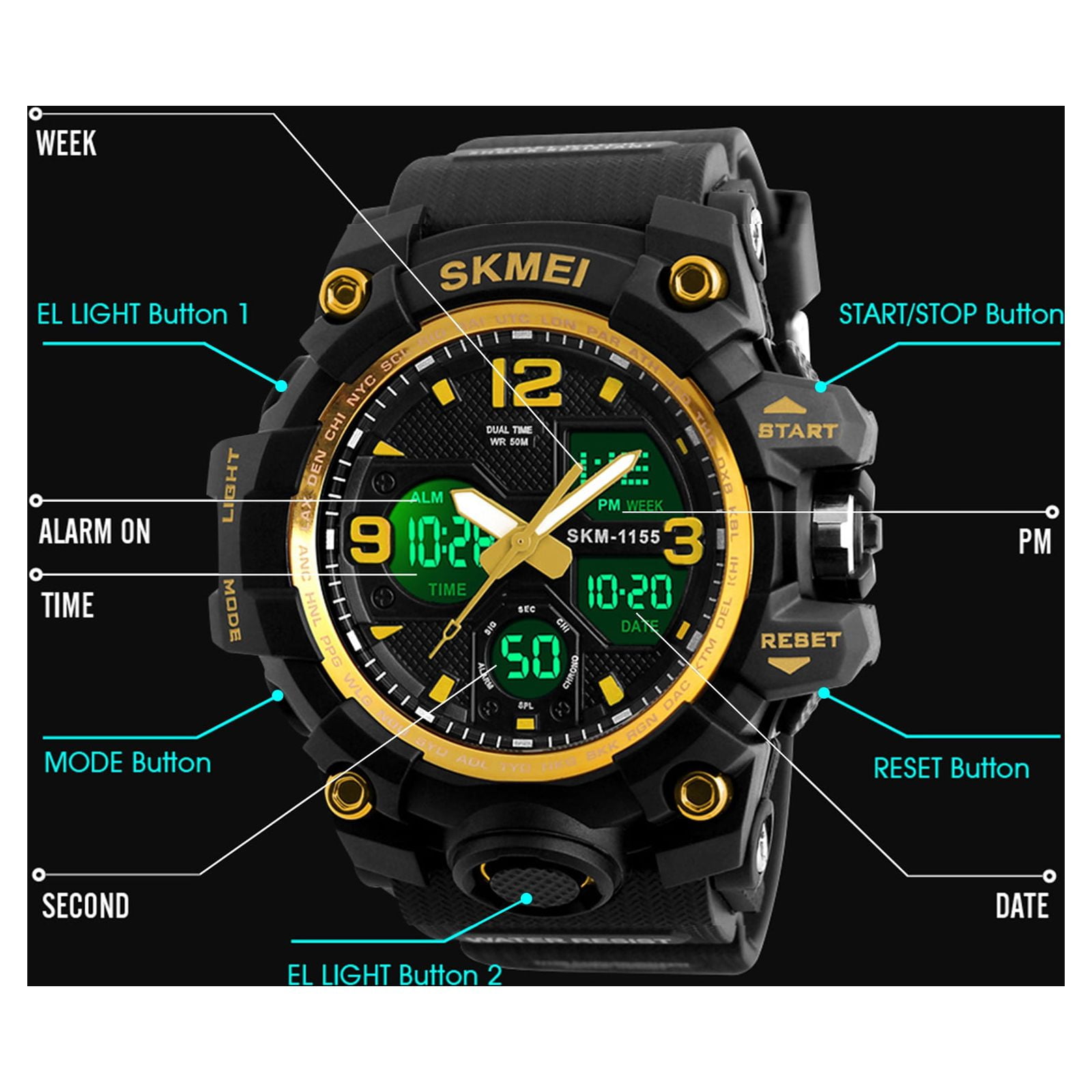 SKMEI Men's Digital Sports Watch, Large Face Military Waterproof Watches for Men with Stopwatch Alarm LED Back Light Sports Watch,Gold - Image 3