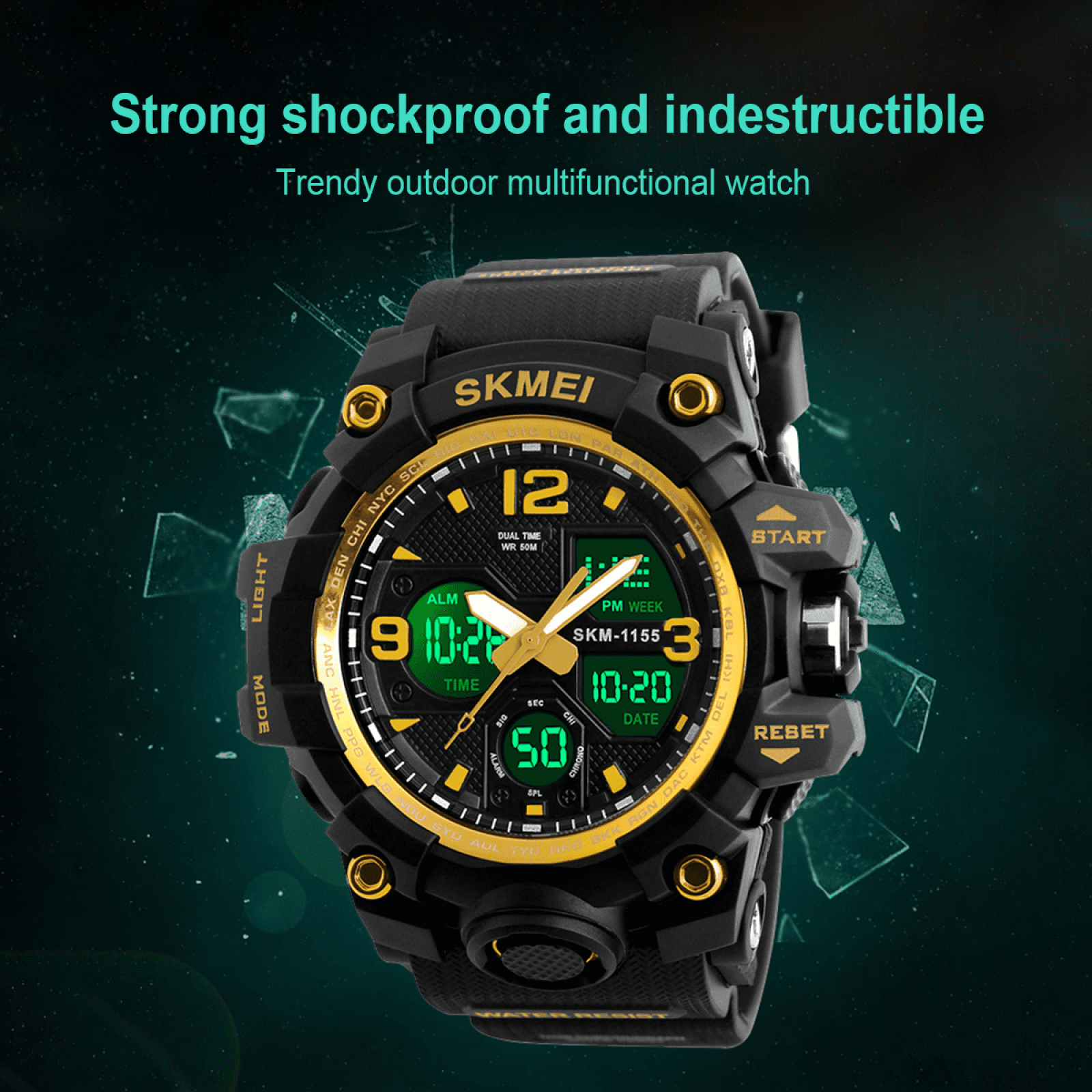 SKMEI Men's Digital Sports Watch, Large Face Military Waterproof Watches for Men with Stopwatch Alarm LED Back Light Sports Watch,Gold - Image 5