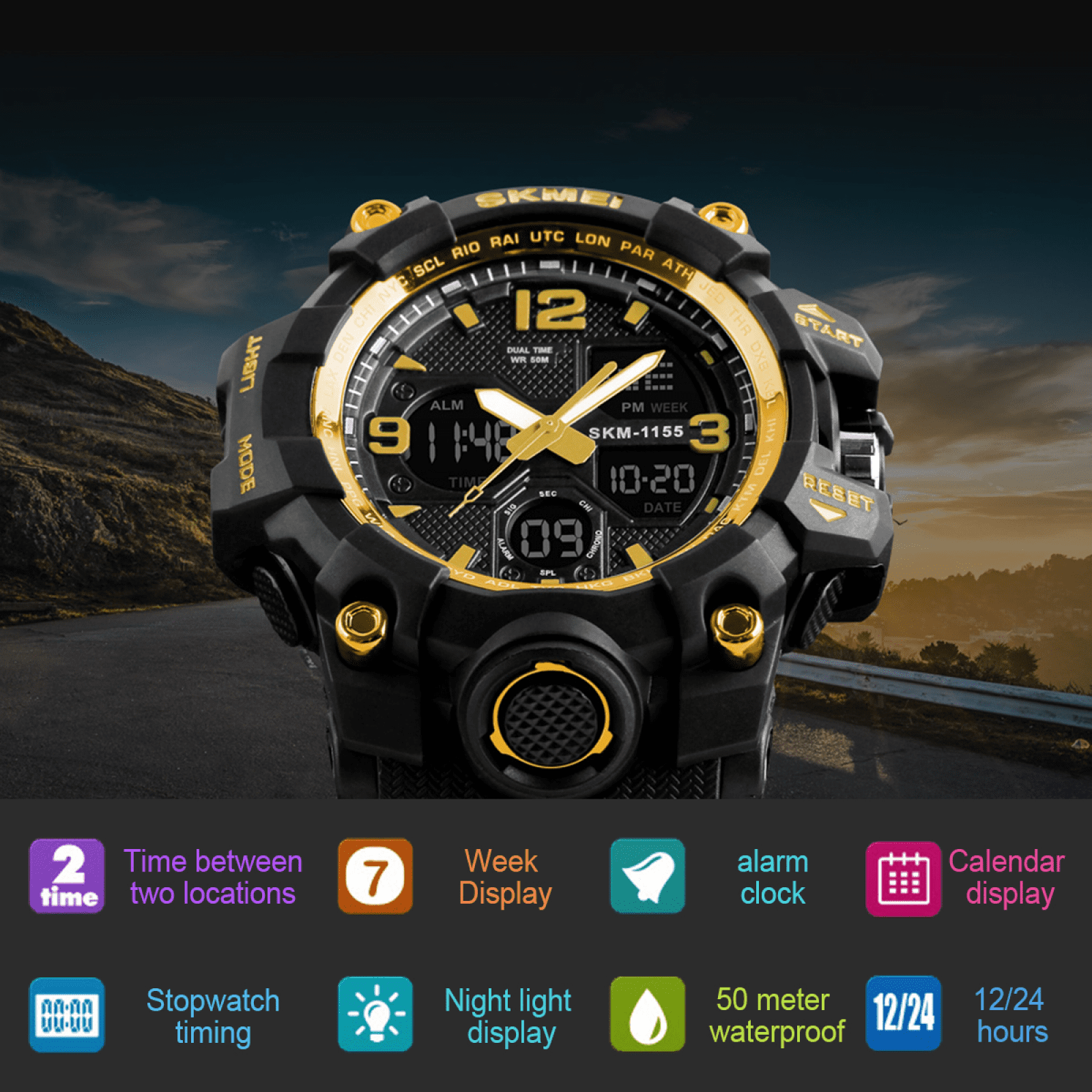 SKMEI Men's Digital Sports Watch, Large Face Military Waterproof Watches for Men with Stopwatch Alarm LED Back Light Sports Watch,Gold - Image 2