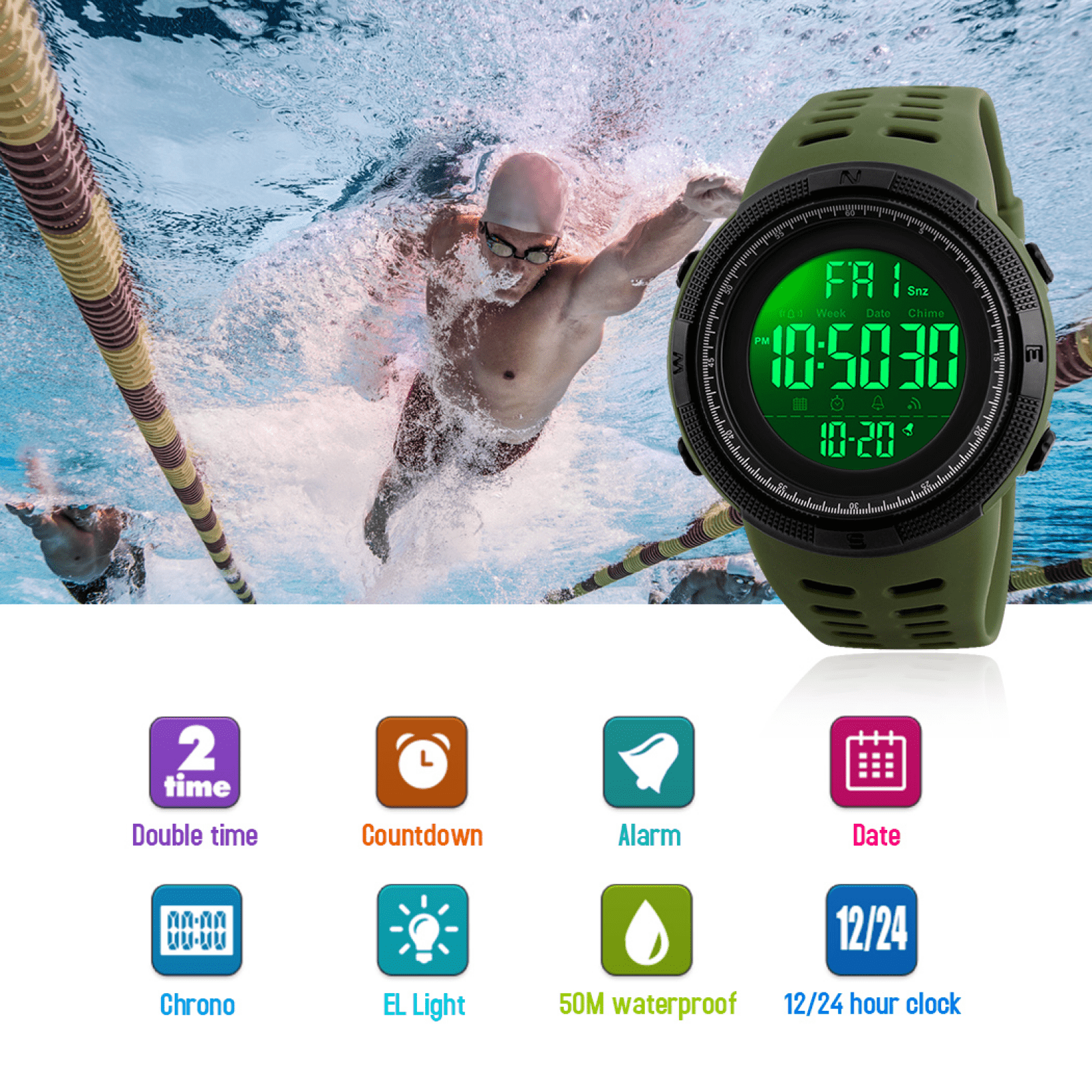 SKMEI Men's Watch Waterproof Digital Sport Watch Military Digital Watches for men Alarm Back Light Classic Large Face Watch Army Green - Image 3