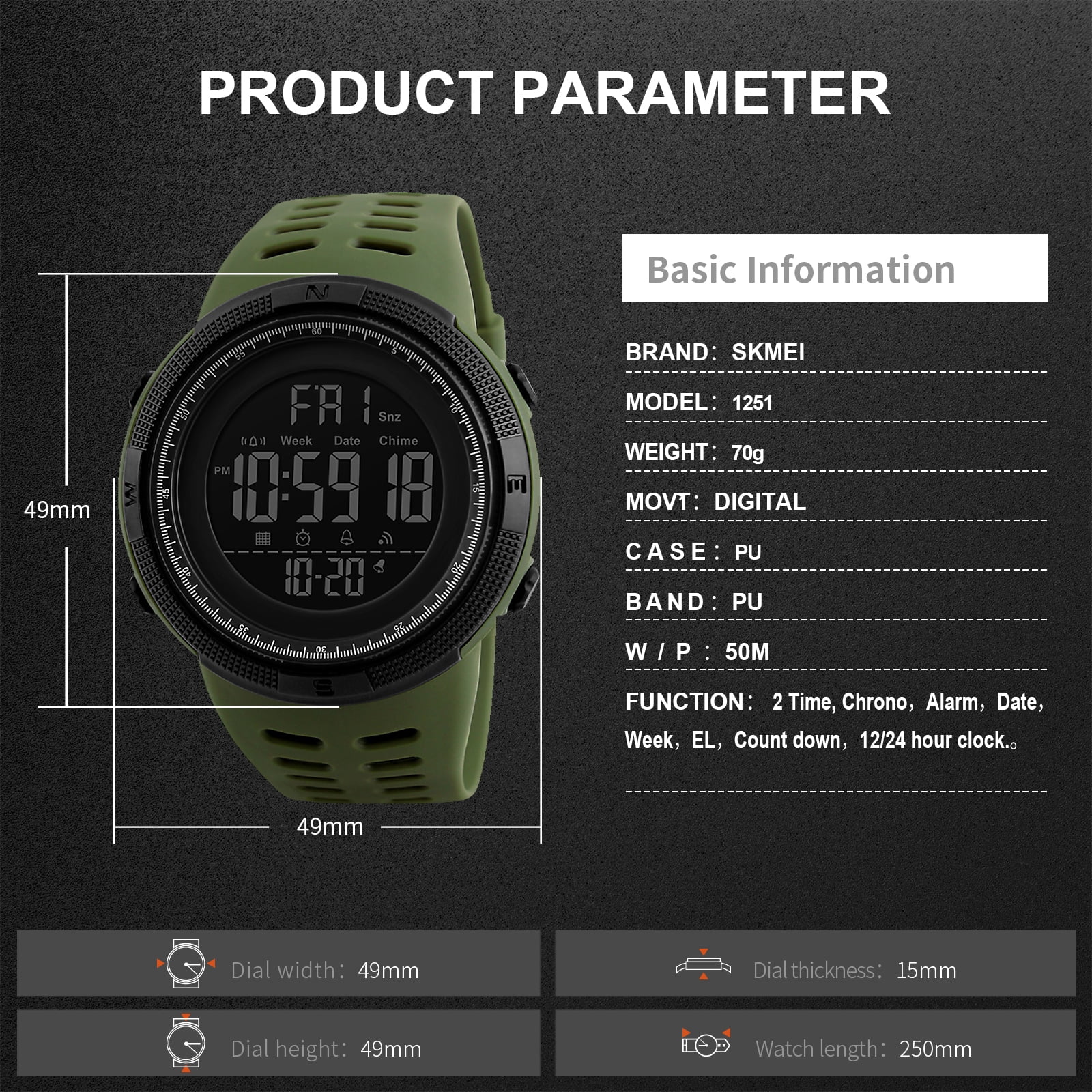 SKMEI Men's Watch Waterproof Digital Sport Watch Military Digital Watches for men Alarm Back Light Classic Large Face Watch Army Green - Image 2