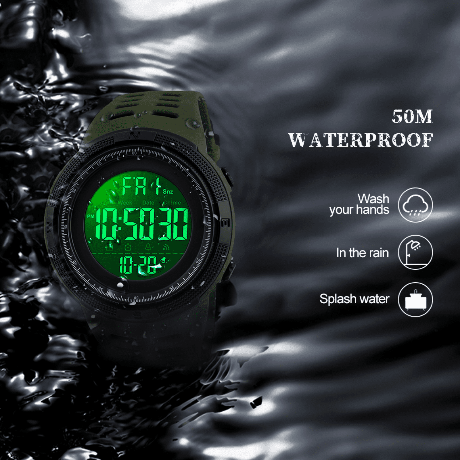 SKMEI Men's Watch Waterproof Digital Sport Watch Military Digital Watches for men Alarm Back Light Classic Large Face Watch Army Green - Image 4