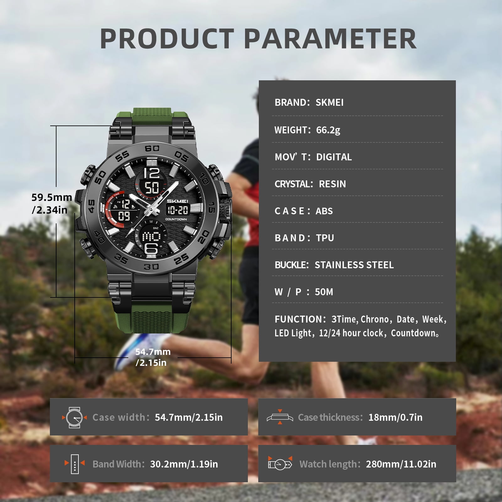 SKMEI Men's Watches Sports Outdoor Waterproof Military Watch Date Multi Function Tactics LED Alarm Stopwatch - Image 3
