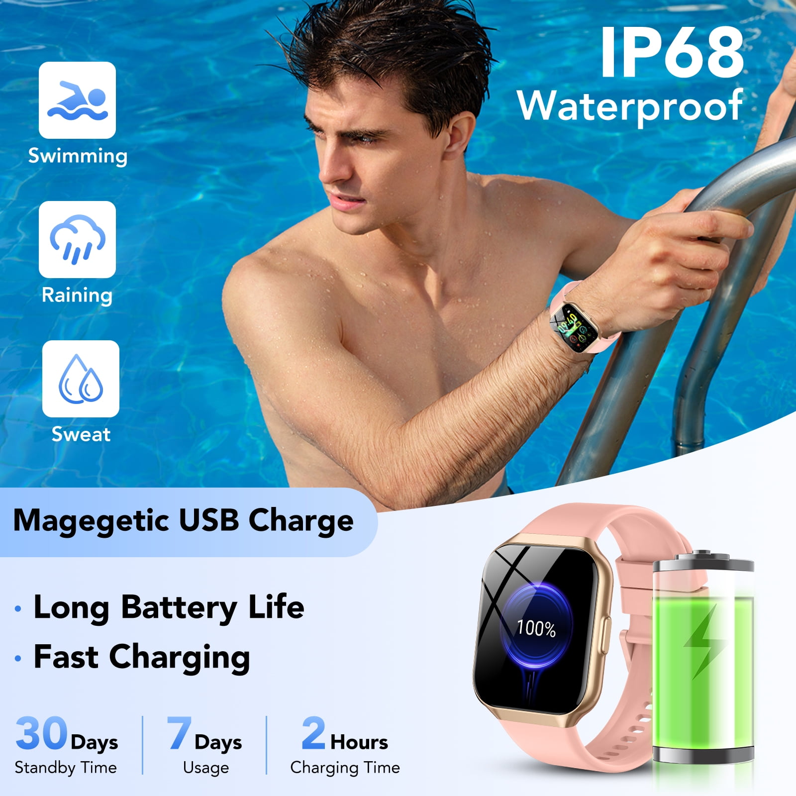 Smart Watch Fits for Android and iPhone 1.96'' Smartwatch for Men Women 110+ Sports Modes Fitness Tracker with Answer Make Calls/Message Reminder, IP68 Waterproof for Gift (Pink) - Image 3