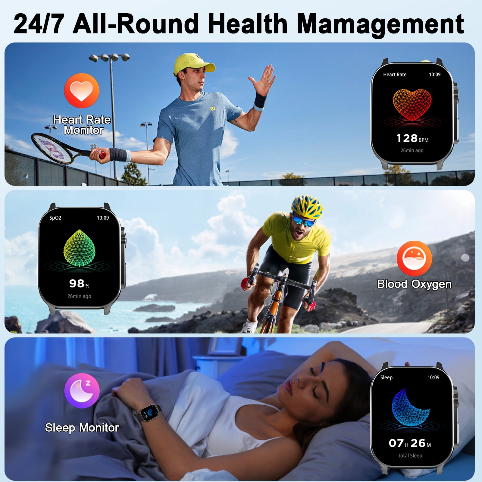 Smart Watch Fits for Android and iPhone, 2.01" AMOLED HD Curved Screen, Bluetooth Calls/Answer, Fitness Tracker, 110+ Sport Modes, Smart Watch for Men Women, IP68 Waterproof Smartwatch, Gifts - Image 2