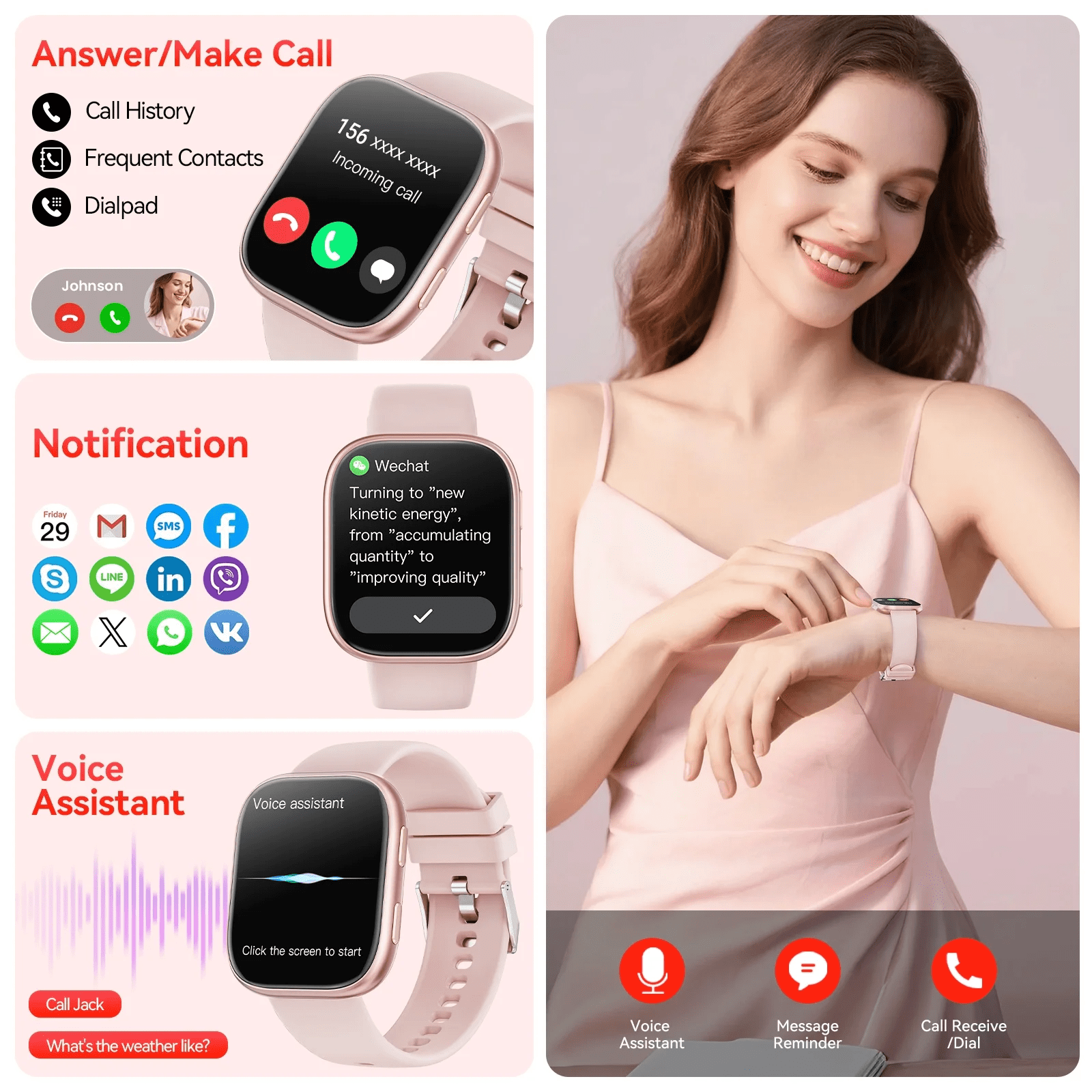 Smart Watch Fits for Android & iPhone, 1.85 inch Fitness Tracker, Men Womens Smartwatch with Make/Answer Calls/Message Reminder/100+ Sports Models, IP68 Waterproof Pedometer Watch, Perfect Gift, Pink - Image 5