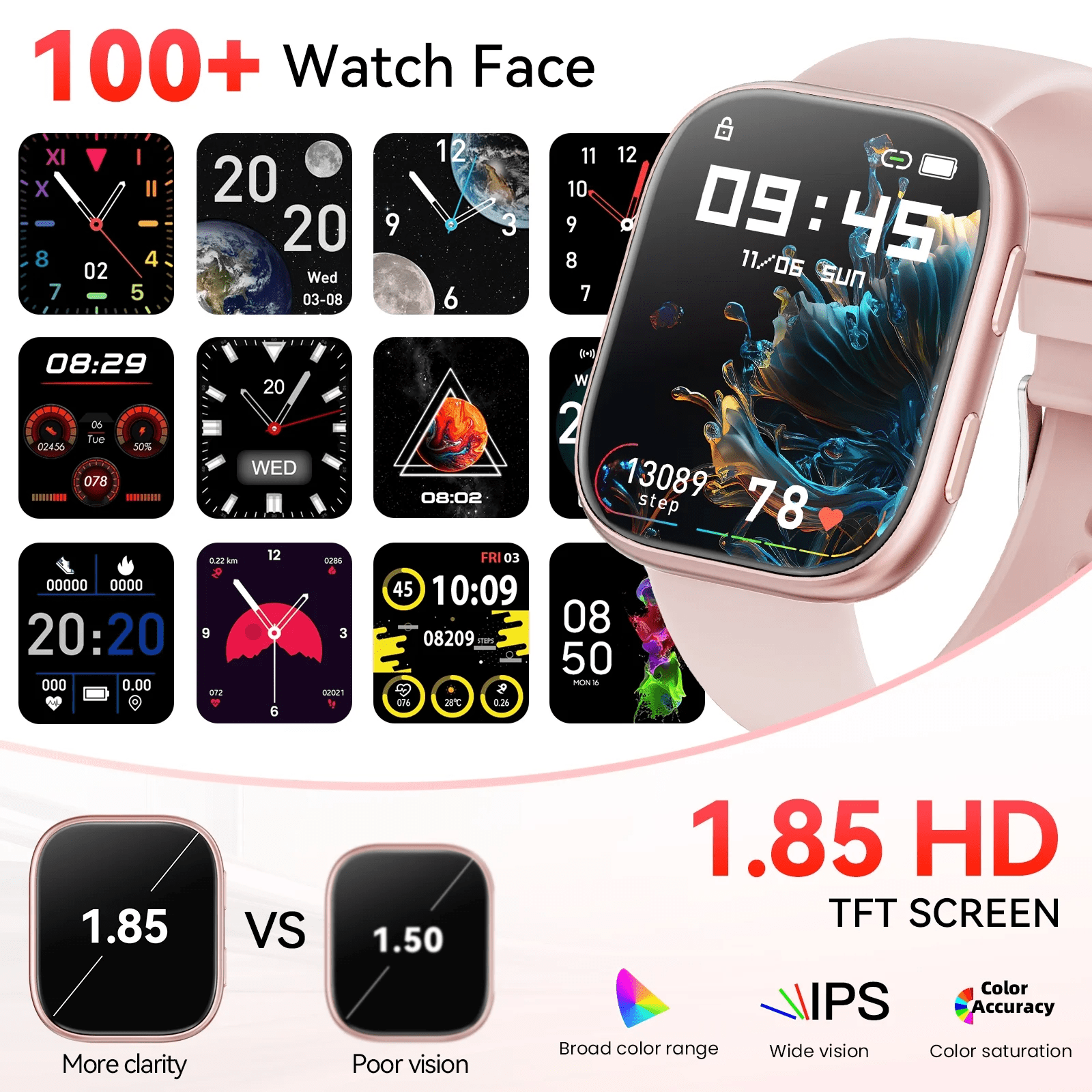 Smart Watch Fits for Android & iPhone, 1.85 inch Fitness Tracker, Men Womens Smartwatch with Make/Answer Calls/Message Reminder/100+ Sports Models, IP68 Waterproof Pedometer Watch, Perfect Gift, Pink - Image 4