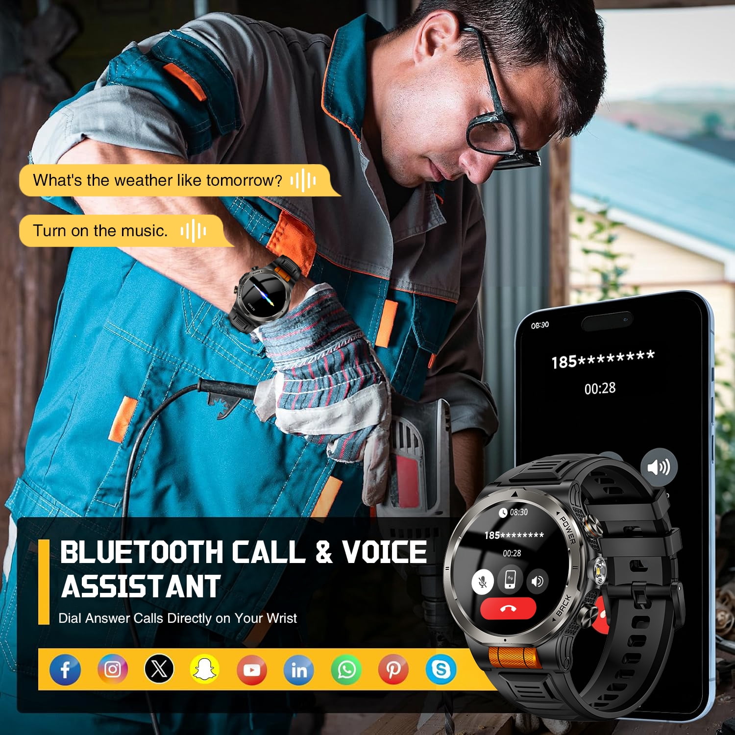 Smart Watch for Men, 1.43'' AMOLED Outdoor Smartwatch with Flashlight Compass, 3ATM Waterproof Fitness Tracker with Bluetooth Call, 1100 mAh Battery for Android iOS, Orange - Image 2