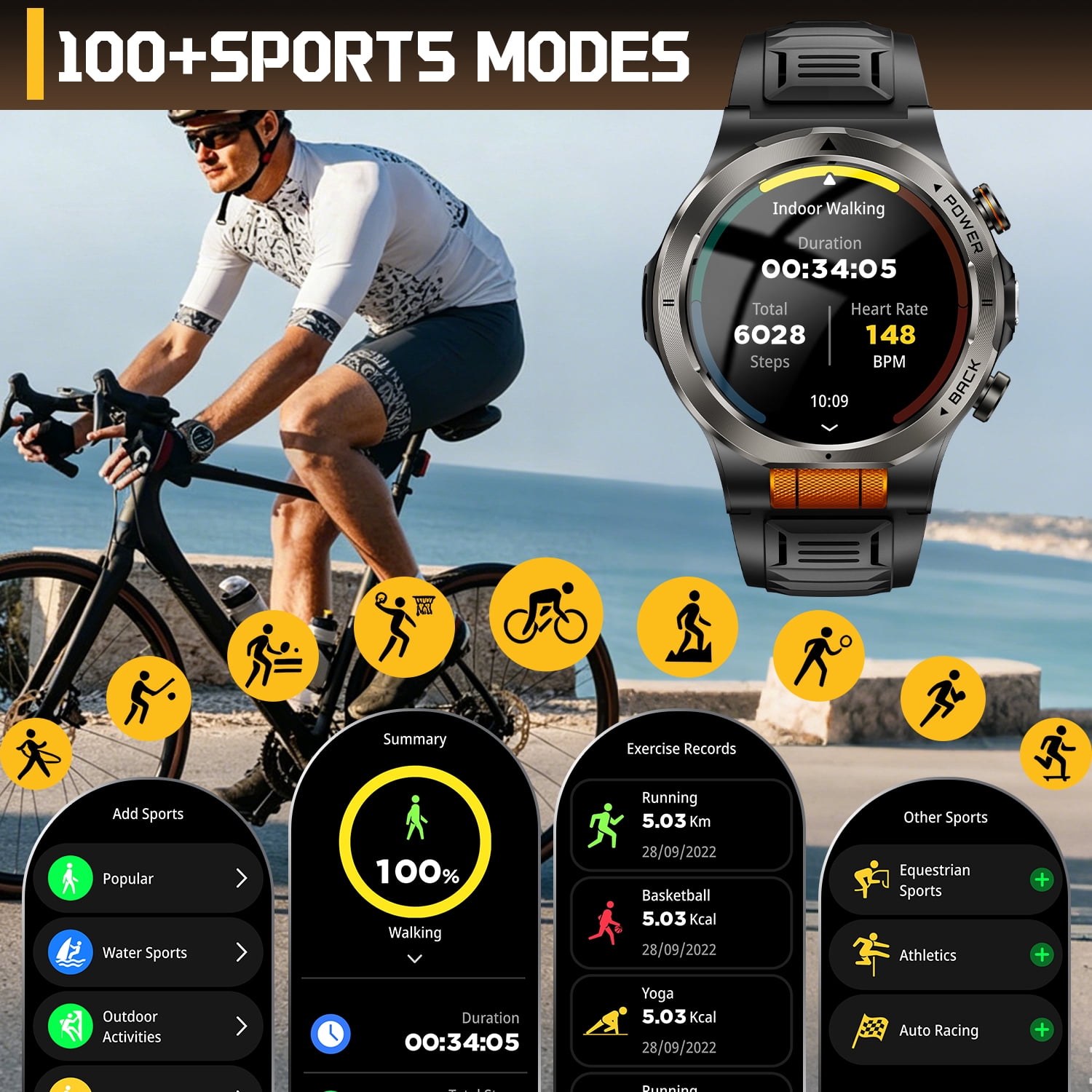 Smart Watch for Men, 1.43'' AMOLED Outdoor Smartwatch with Flashlight Compass, 3ATM Waterproof Fitness Tracker with Bluetooth Call, 1100 mAh Battery for Android iOS, Orange - Image 3