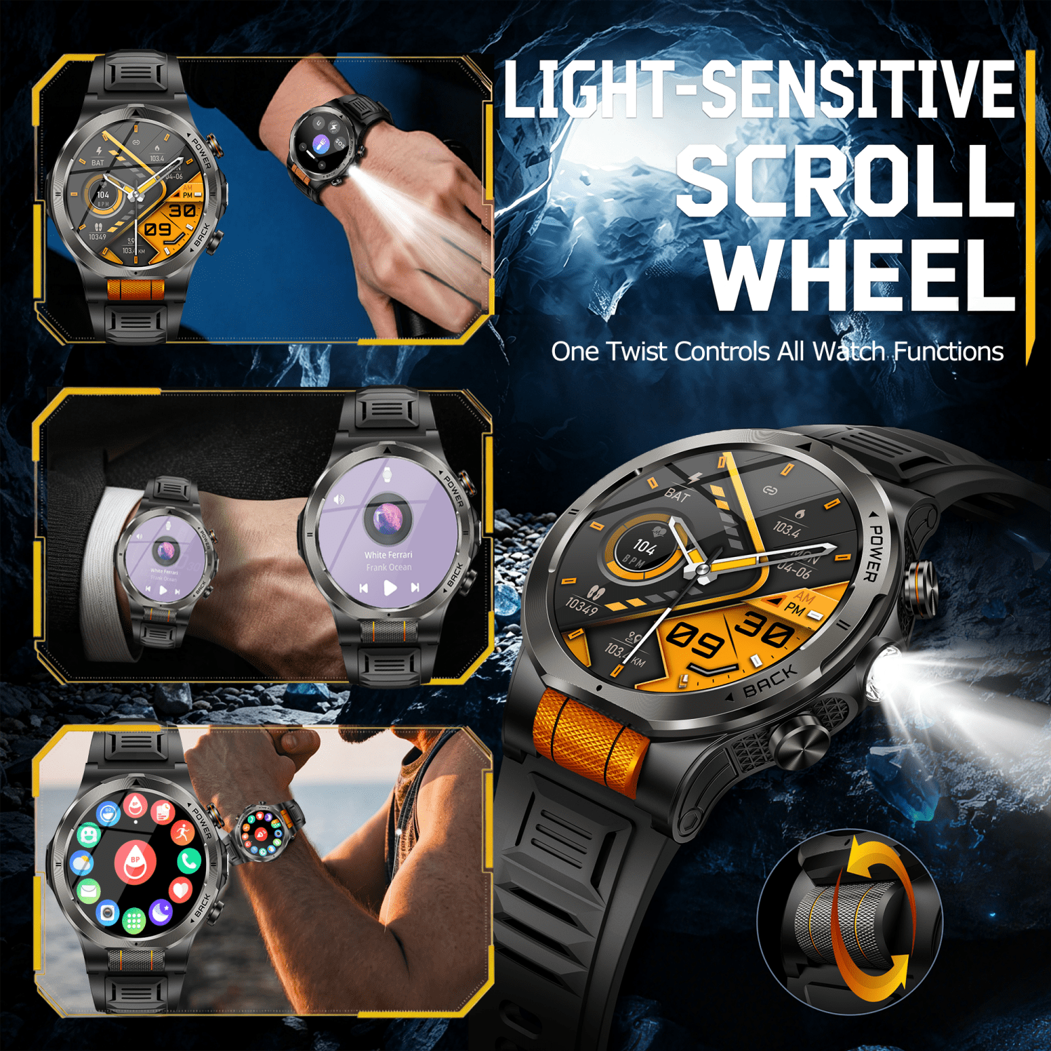 Smart Watch for Men, 1.43'' AMOLED Outdoor Smartwatch with Flashlight Compass, 3ATM Waterproof Fitness Tracker with Bluetooth Call, 1100 mAh Battery for Android iOS, Orange - Image 5