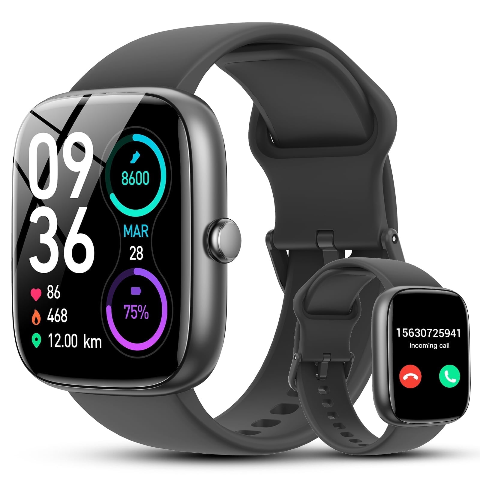 Smart Watch for Men Women, 1.85" Smartwatch with Bluetooth Call, Fitness Tracker, 100+ Sports Modes, IP68 Waterproof Smart Watch Compatible with Android iOS, Black