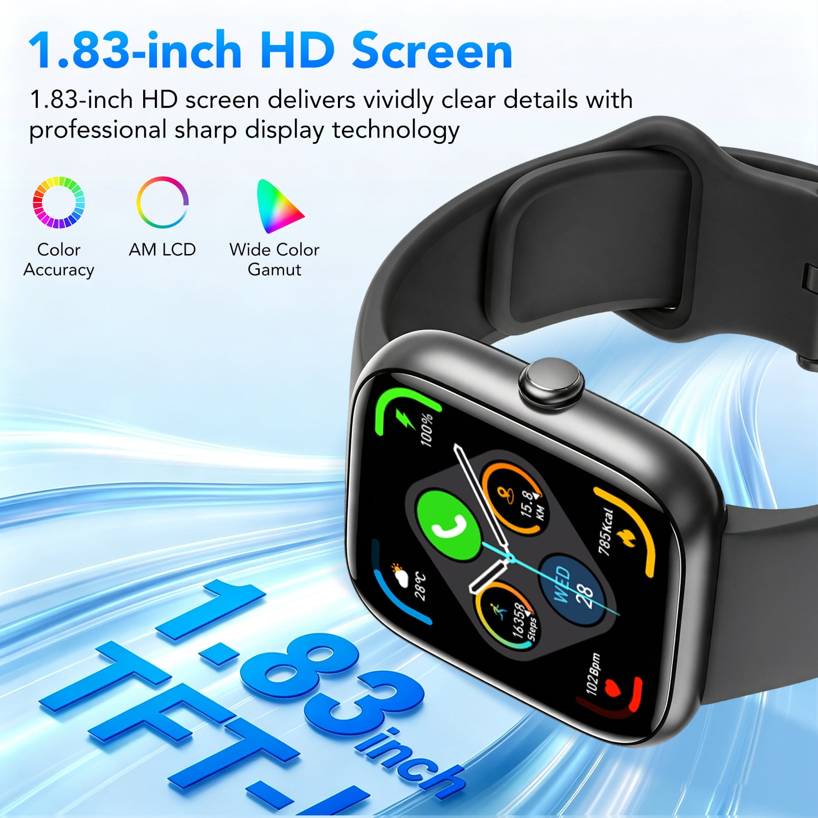 Smart Watch for Men Women, 1.85" Smartwatch with Bluetooth Call, Fitness Tracker, 100+ Sports Modes, IP68 Waterproof Smart Watch Compatible with Android iOS, Black - Image 3
