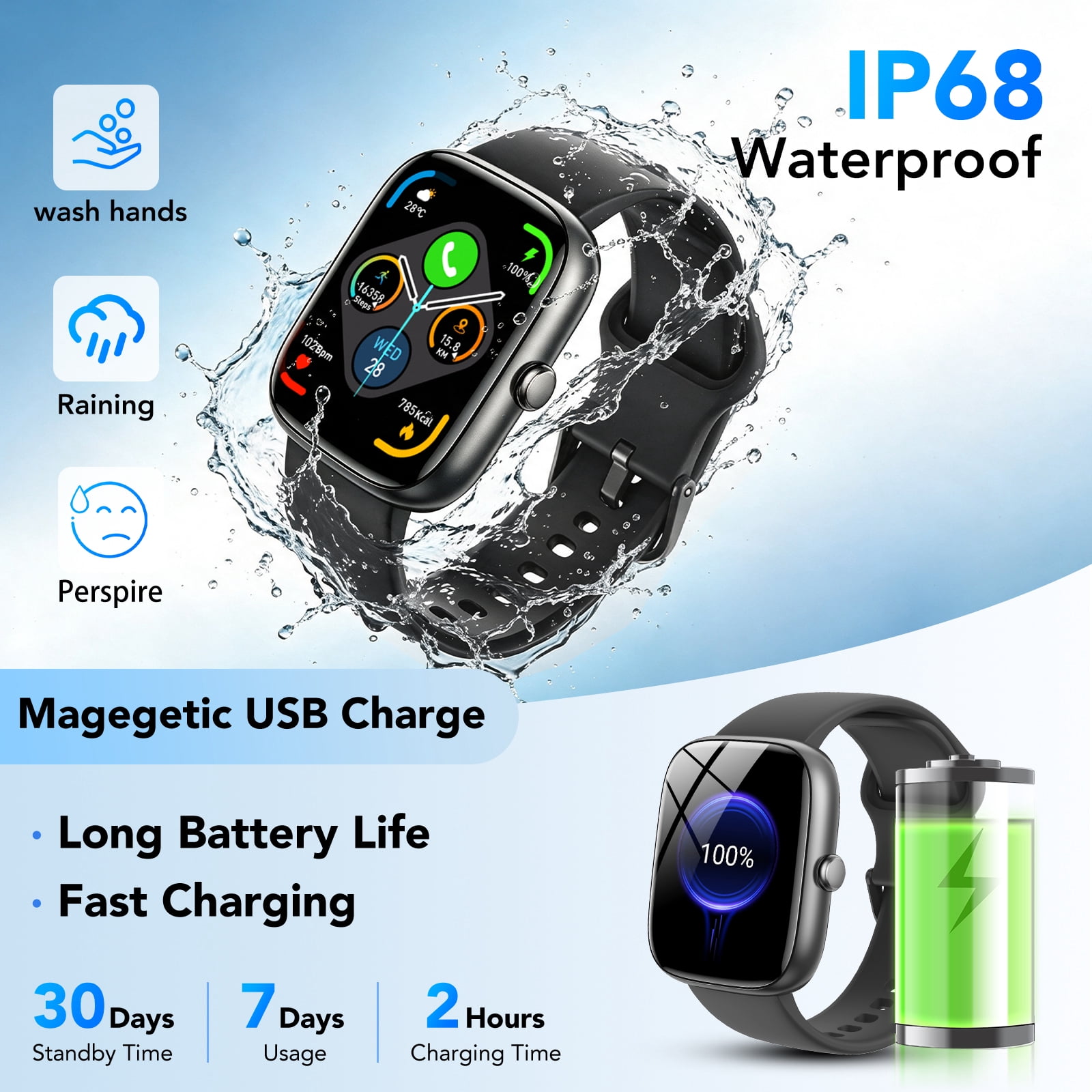 Smart Watch for Men Women, 1.85" Smartwatch with Bluetooth Call, Fitness Tracker, 100+ Sports Modes, IP68 Waterproof Smart Watch Compatible with Android iOS, Black - Image 5