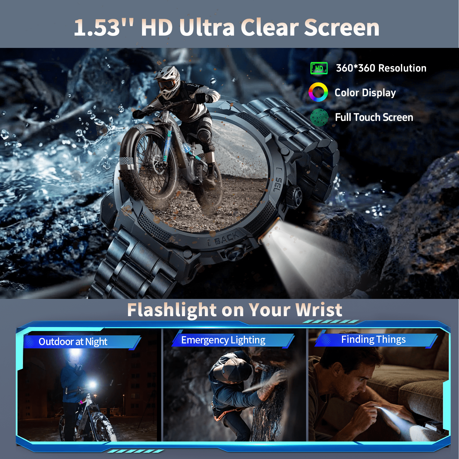 Smart Watches for Men (Answer/Make Call), 1.53" HD Military Smartwatch, 50+ Days Extra-Long Battery Life Fitness Tracker, Flashlight/110+Sports/Sleep Monitor/IP68 Waterproof Android Ios - Image 4