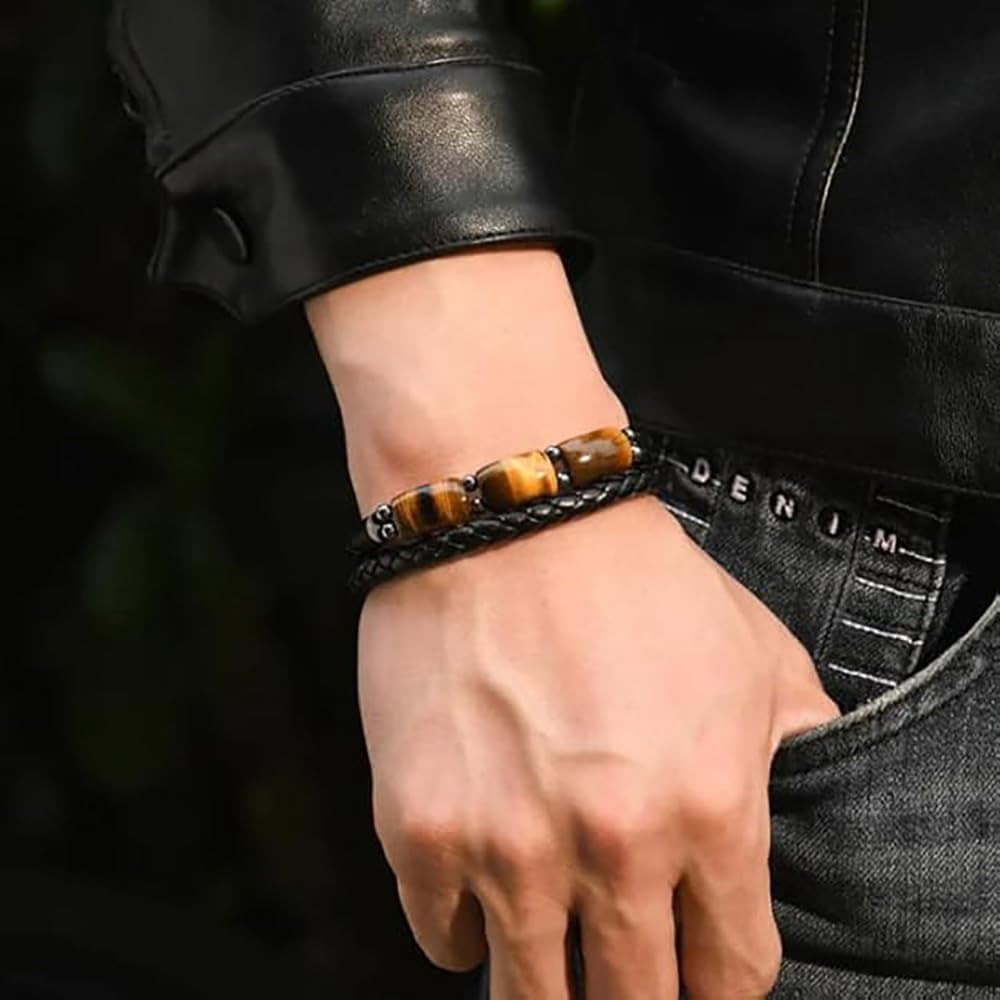 Son's Tiger Eye Protection Bracelets For Men, To My Son Bracelet from Mom Leather Black Beaded Bangle Engarved With Love You Forever Cuff Jewelry Gift for Birthday Christmas - Image 4