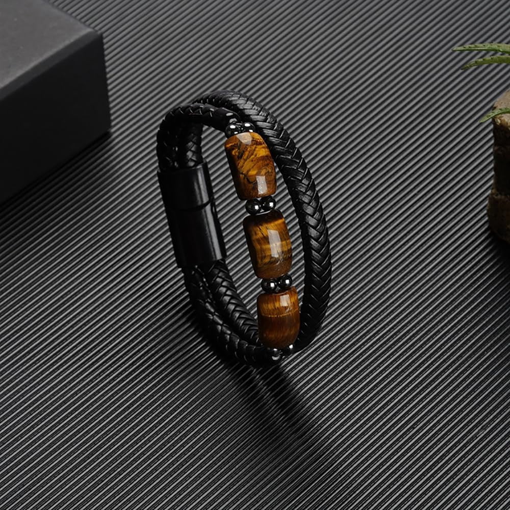 Son's Tiger Eye Protection Bracelets For Men, To My Son Bracelet from Mom Leather Black Beaded Bangle Engarved With Love You Forever Cuff Jewelry Gift for Birthday Christmas - Image 5