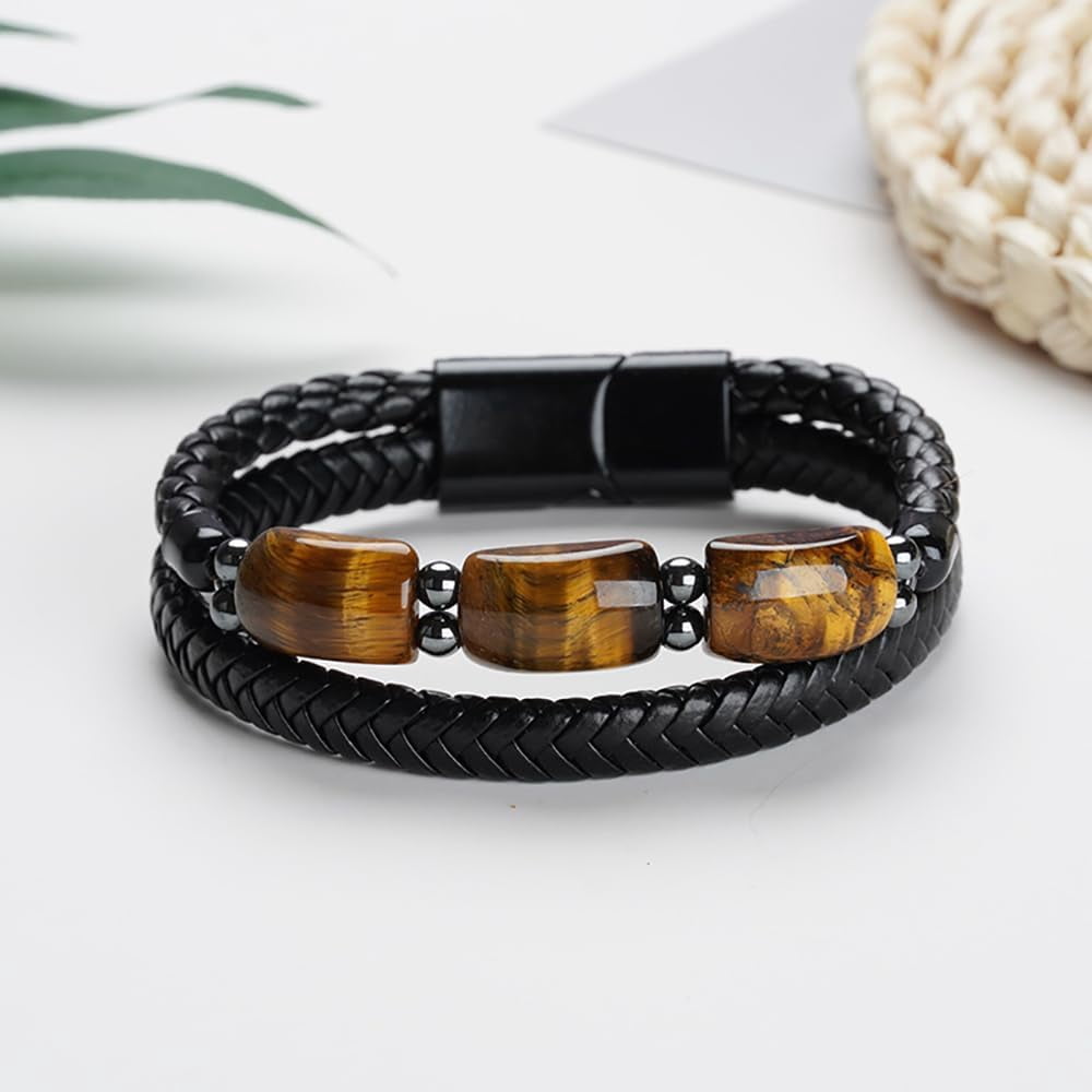 Son's Tiger Eye Protection Bracelets For Men, To My Son Bracelet from Mom Leather Black Beaded Bangle Engarved With Love You Forever Cuff Jewelry Gift for Birthday Christmas - Image 3