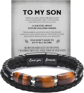 Son's Tiger Eye Protection Bracelets For Men, To My Son Bracelet from Mom Leather Black Beaded Bangle Engarved With Love You Forever Cuff Jewelry Gift for Birthday Christmas