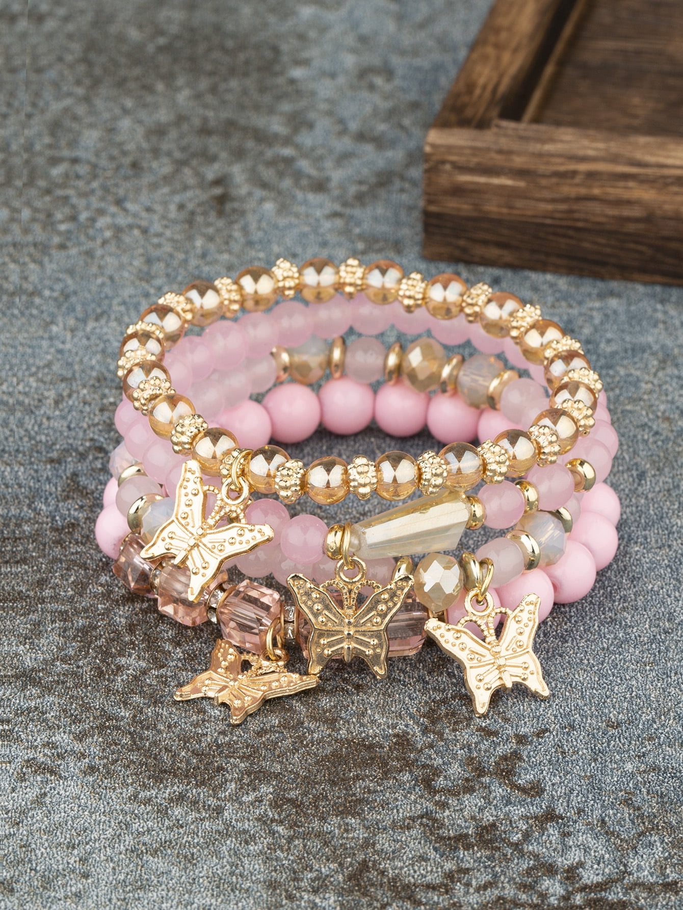Stackable Crystal Beaded Bracelets for Women Boho Multi Layer Stretch Bracelets Natural Stone Bead Bracelet with Butterfly Charm Jewelry for Women - Pink 6.29Inch
