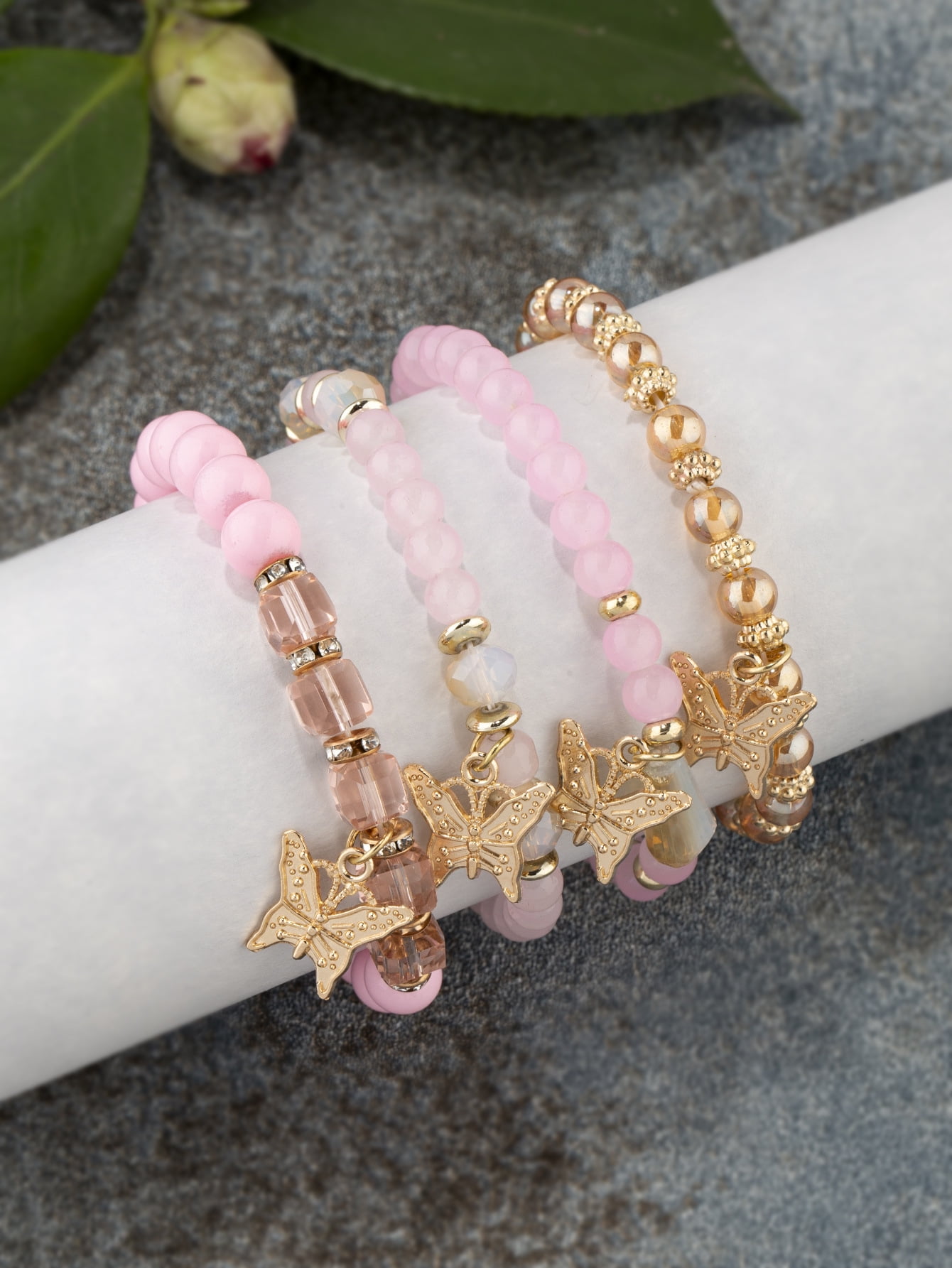 Stackable Crystal Beaded Bracelets for Women Boho Multi Layer Stretch Bracelets Natural Stone Bead Bracelet with Butterfly Charm Jewelry for Women - Pink 6.29Inch - Image 3