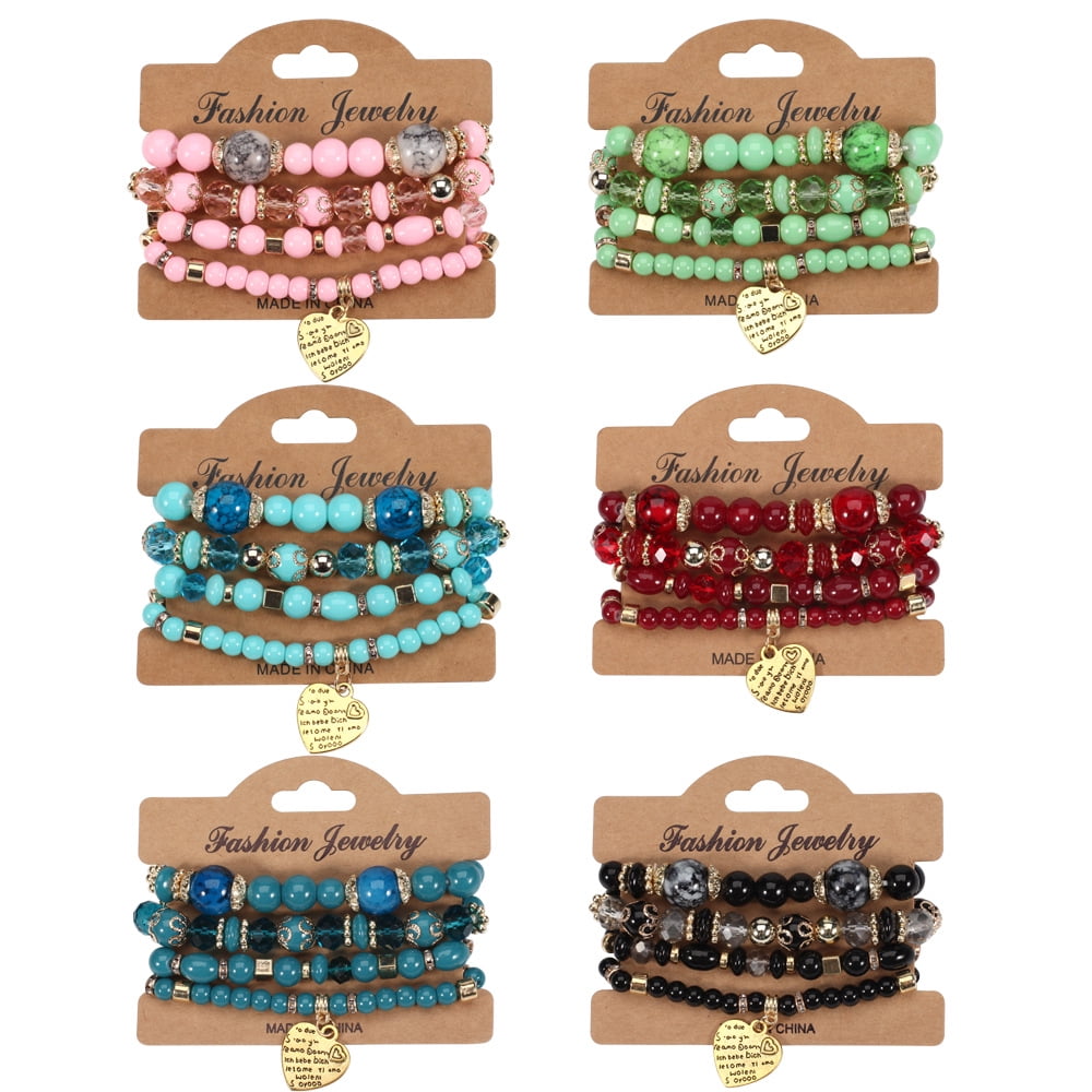 Stackable Crystal Beaded Bracelets for Women Boho Multi Layer Stretch Bracelets Natural Stone Bead Bracelet with Love Charm Jewelry for Women - Red 6.29Inch - Image 3