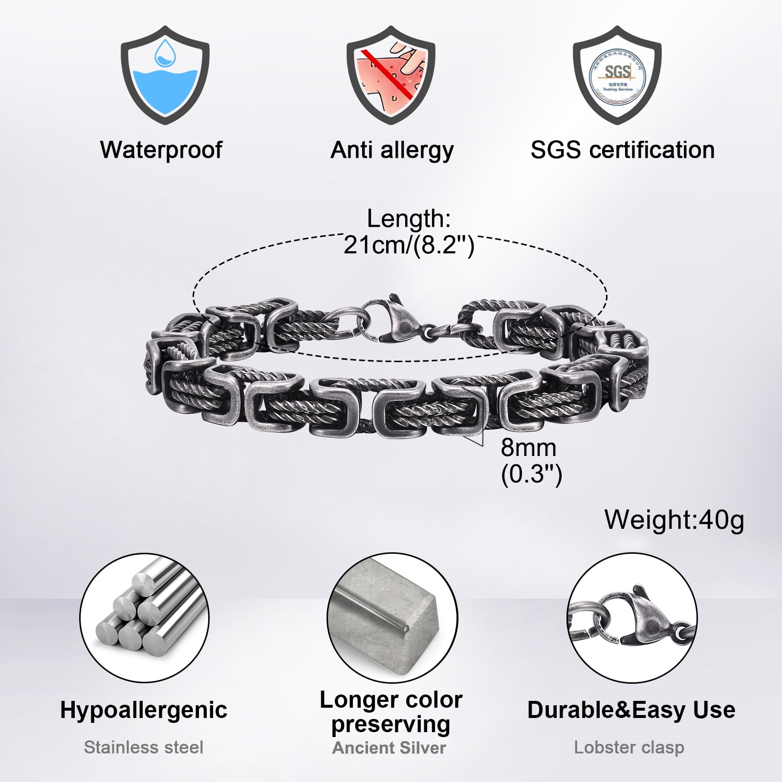 Stainless Steel Byzantine Bracelet for Men, Ancient Silver 8MM Waterproof Mens Chain Bracelets, Stylish Punk Non Tarnish Twisted Chain Link Bracelets Jewelry for Him - Image 5
