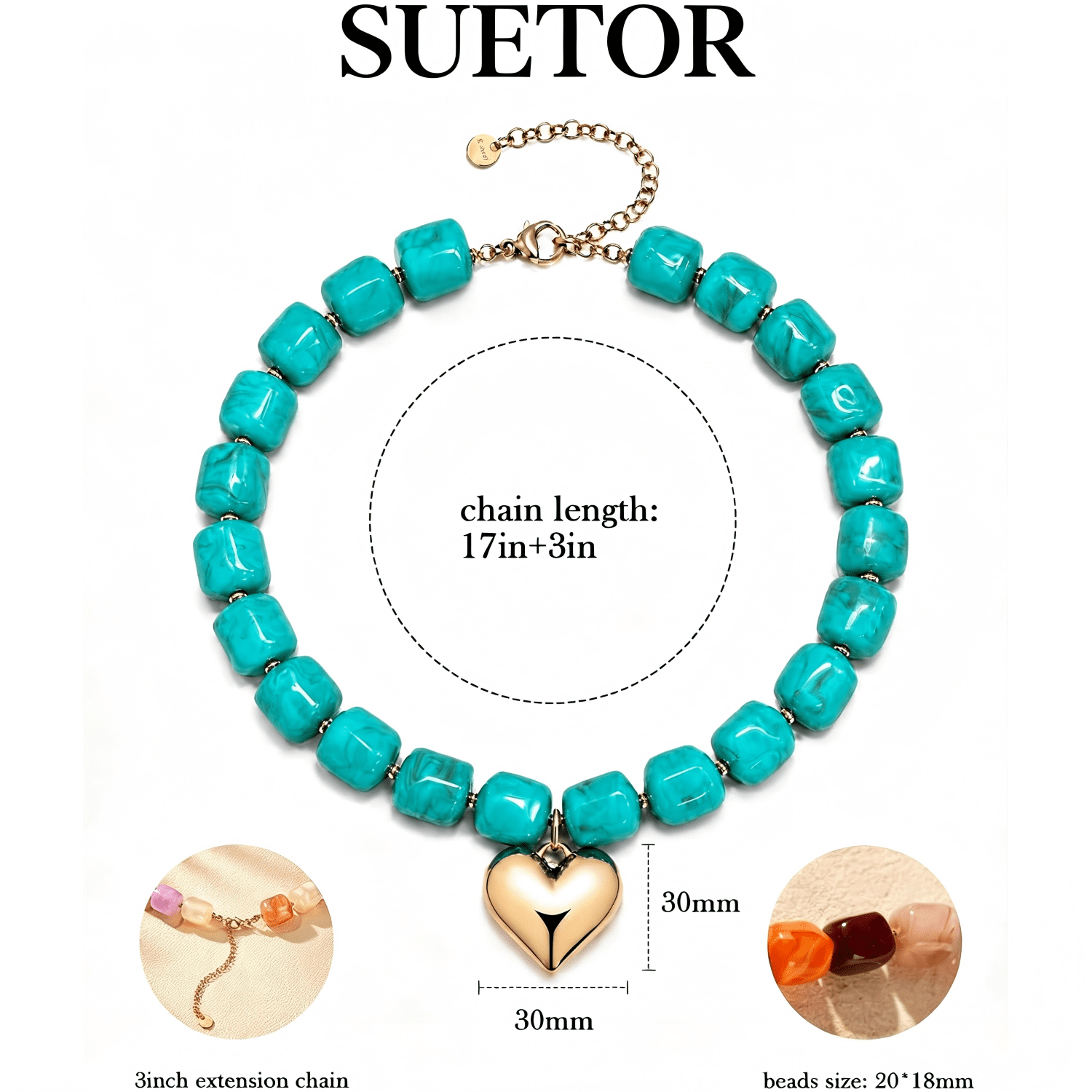 SUETOR Turquoise Chunky Beaded Necklace for Women Trendy Boho Beach Summer Statement Necklace Cute Large Heart Pendant Fashion Big Resin Beads Choker Necklace Y2K Vacation Jewelry Gift for Women - Image 5