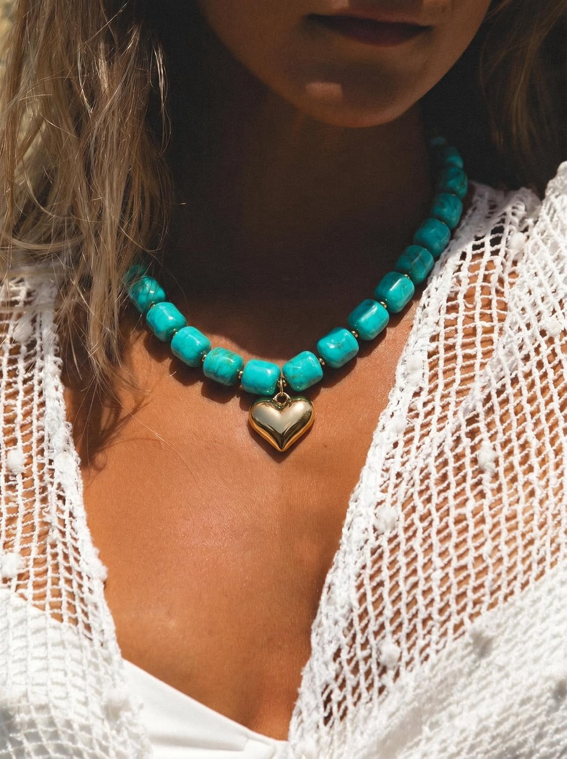 SUETOR Turquoise Chunky Beaded Necklace for Women Trendy Boho Beach Summer Statement Necklace Cute Large Heart Pendant Fashion Big Resin Beads Choker Necklace Y2K Vacation Jewelry Gift for Women - Image 3