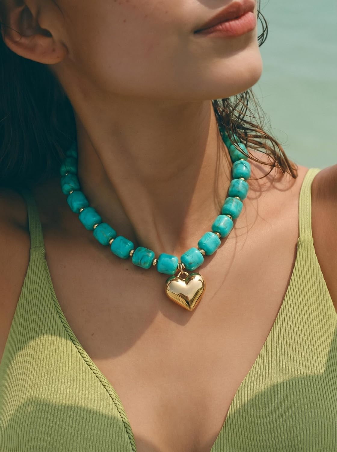 SUETOR Turquoise Chunky Beaded Necklace for Women Trendy Boho Beach Summer Statement Necklace Cute Large Heart Pendant Fashion Big Resin Beads Choker Necklace Y2K Vacation Jewelry Gift for Women - Image 2