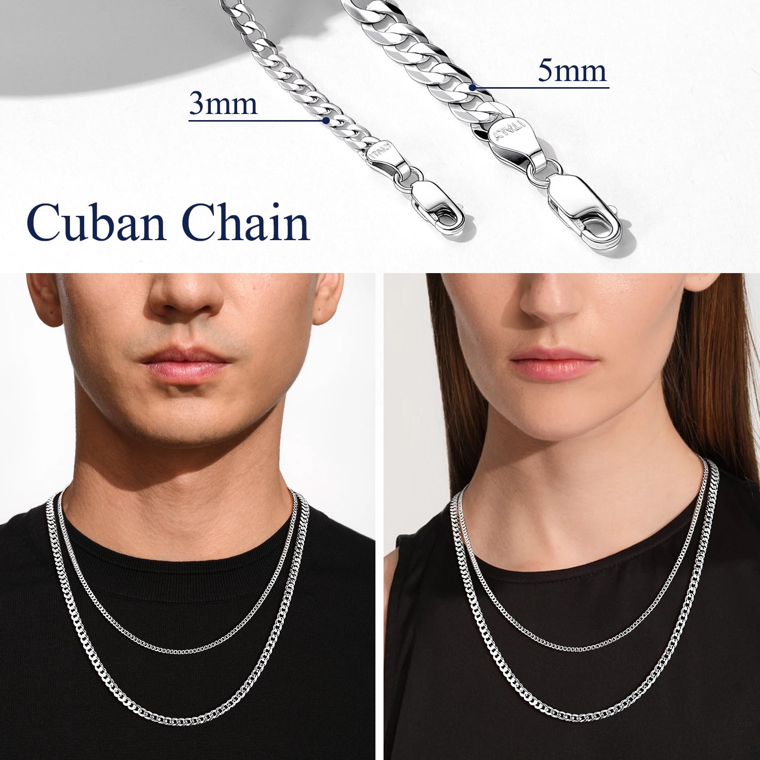 Suplight Solid 925 Sterling Silver Chain Necklace 3mm Flat Curb Cuban Link Chain Jewelry Gift for Men Women - Image 4