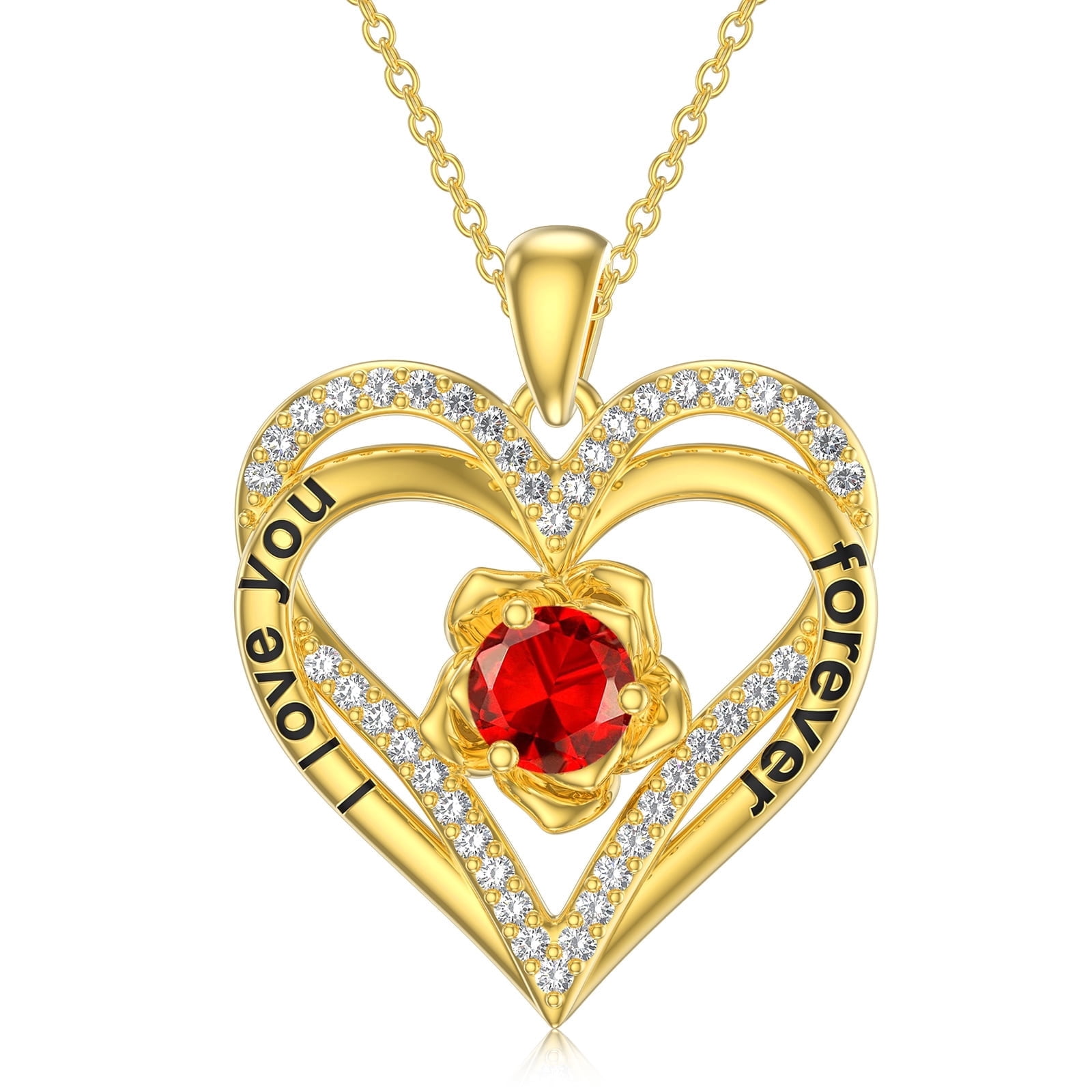 Taioiat Double Love Heart Birthstone Necklace for Women 14K Gold Plated Rose Flower Pendant with 12 Birthstones Birthday Wedding Anniversary Jewelry Gifts for Her