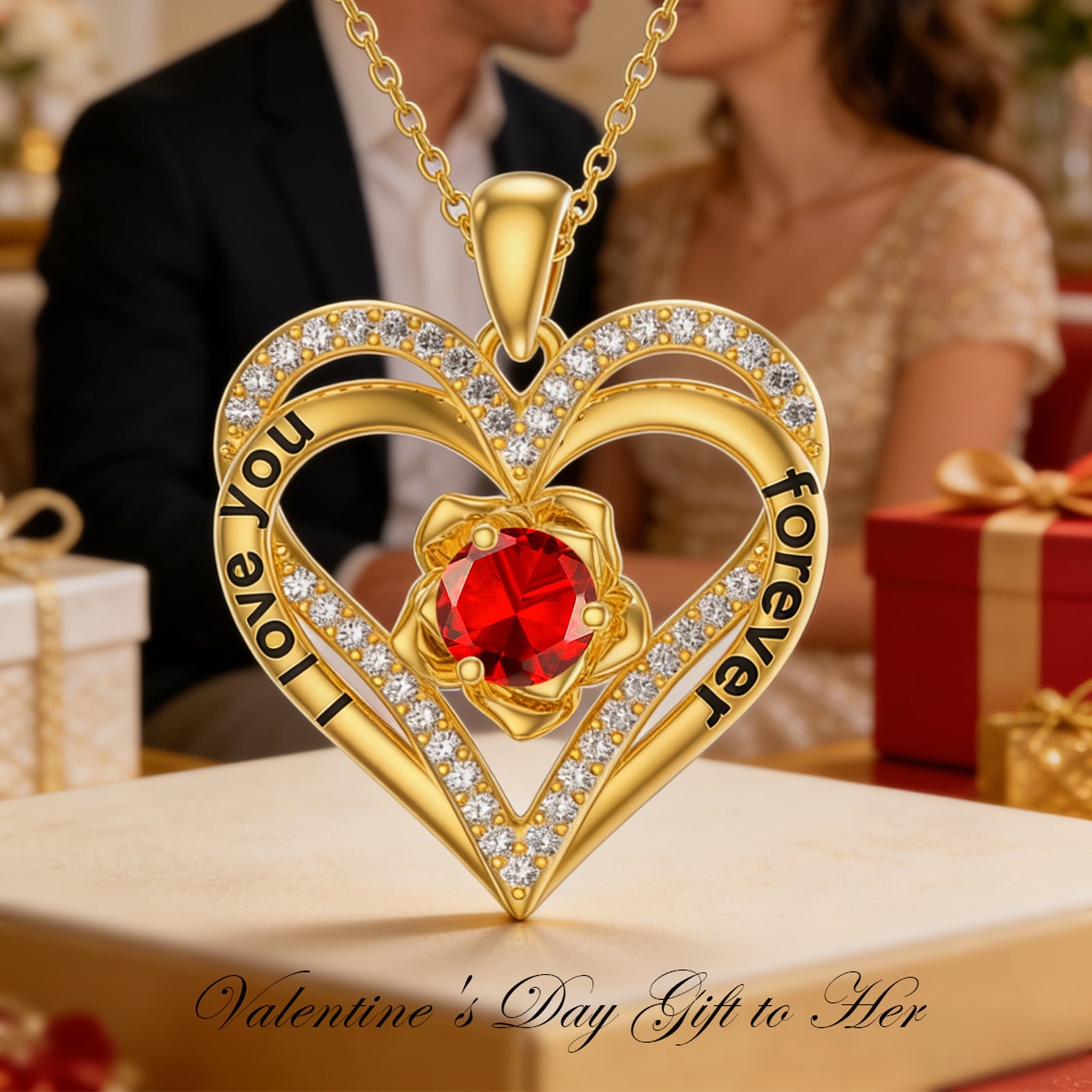 Taioiat Double Love Heart Birthstone Necklace for Women 14K Gold Plated Rose Flower Pendant with 12 Birthstones Birthday Wedding Anniversary Jewelry Gifts for Her - Image 3