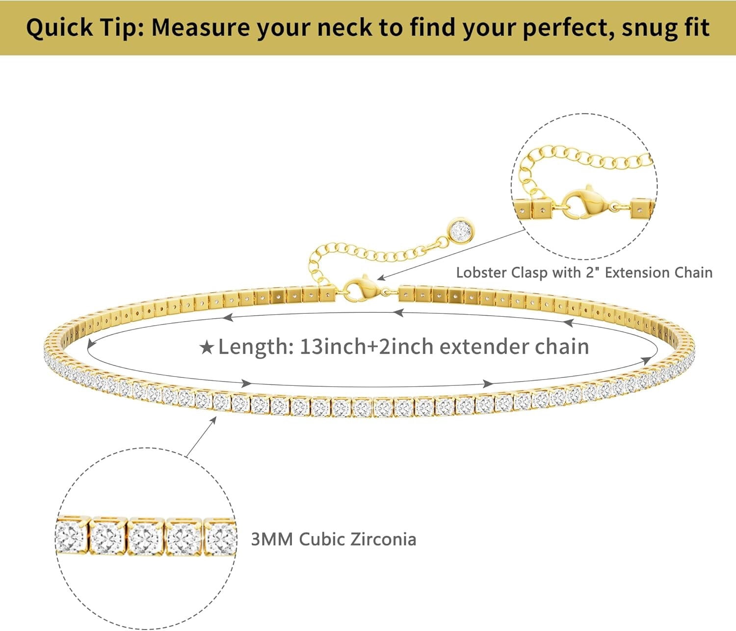 Tennis Necklace for Women, 14K Gold & Silver Plated Rhinestone Choker, Dainty Cubic Zirconia Faux Diamond Chain Jewelry - Image 3