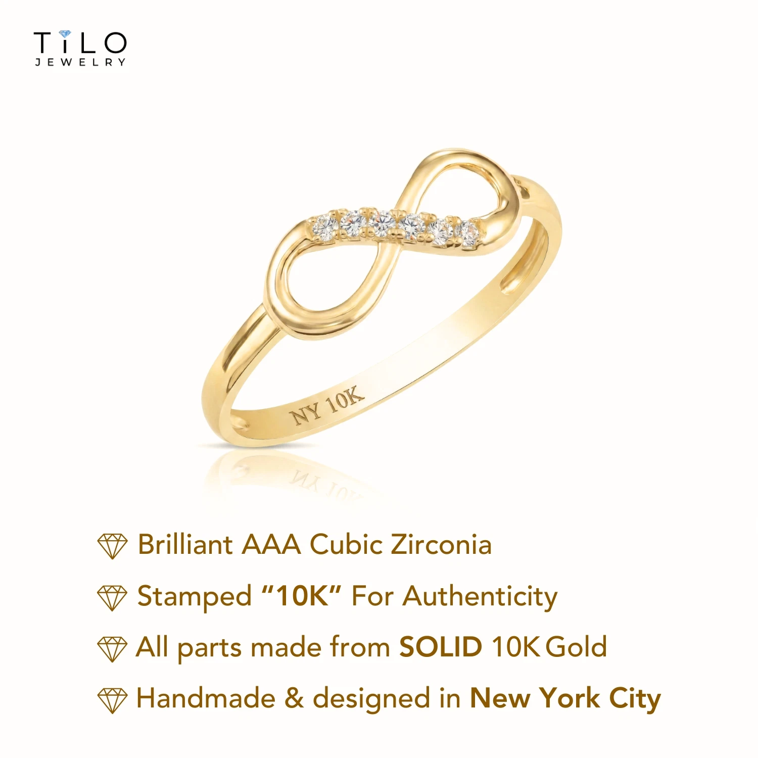 Tilo Jewelry 10K Yellow Gold Infinity Loop Ring with Cubic Zirconia CZ Stones | Size 5 | Women & Unisex - Image 3