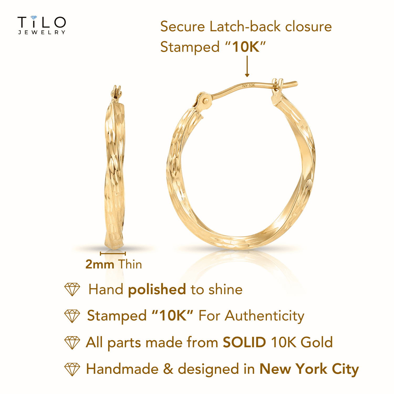 Tilo Jewelry 10K Yellow Gold Twisted Round Hoop Earrings with Diamond-Cut Engraving | 16mm | Everyday Earrings for Women & Unisex - Image 4