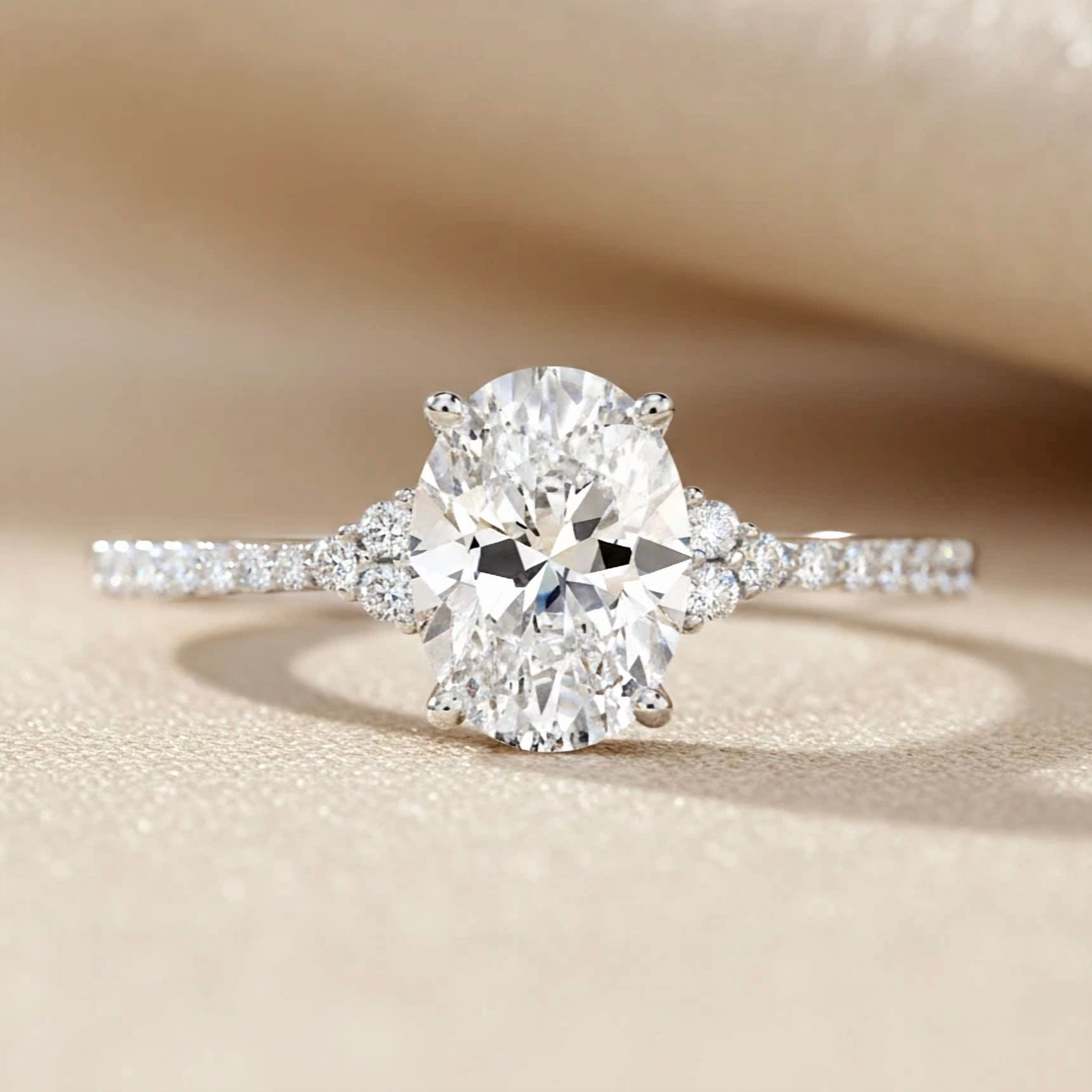 Tilo Jewelry 14K White Gold 1.50 Carat Solitaire Oval-Shaped Engagement Wedding Ring with Side-stone Accents | Size 5 | Classic Engagement Ring for Women