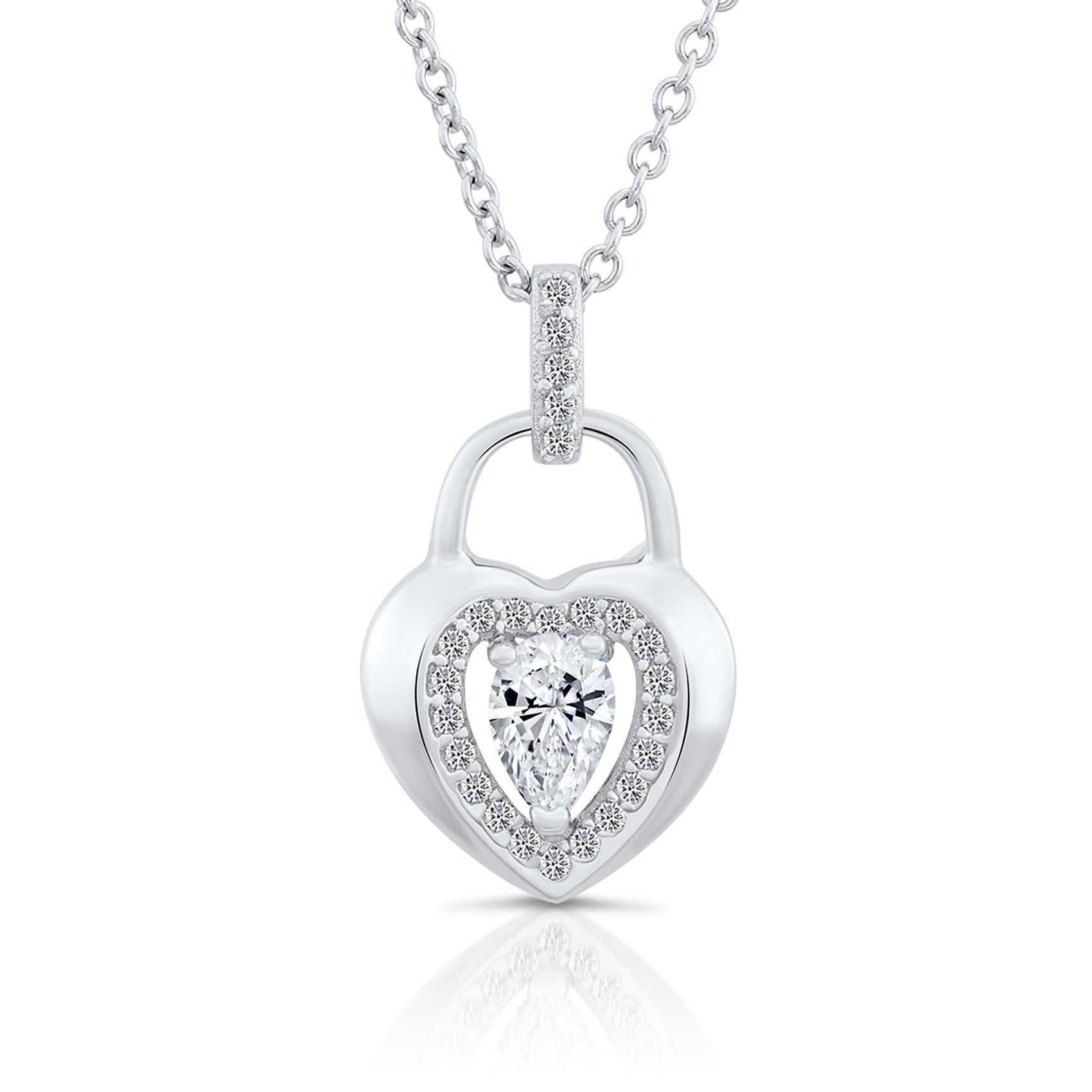Tilo Jewelry 925 Sterling Silver Heart Lock Pendant Necklace with Cubic Zirconia CZ Stones | 18 Inch | Women & Unisex