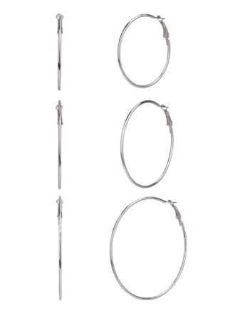 Time and Tru Adult Female 3 Pair Silver Tone Metal Hoop Earring Set- No Stones