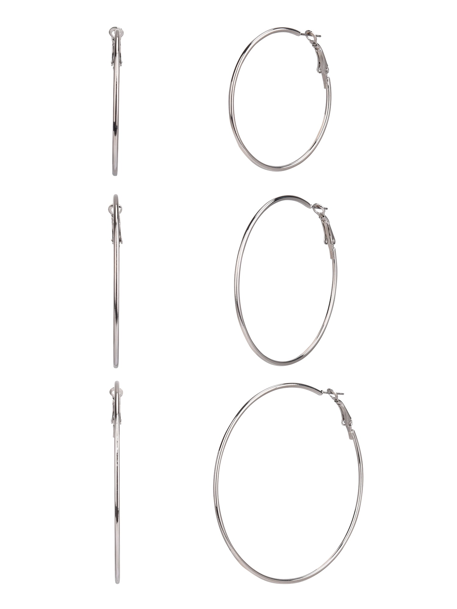 Time and Tru Adult Female 3 Pair Silver Tone Metal Hoop Earring Set- No Stones