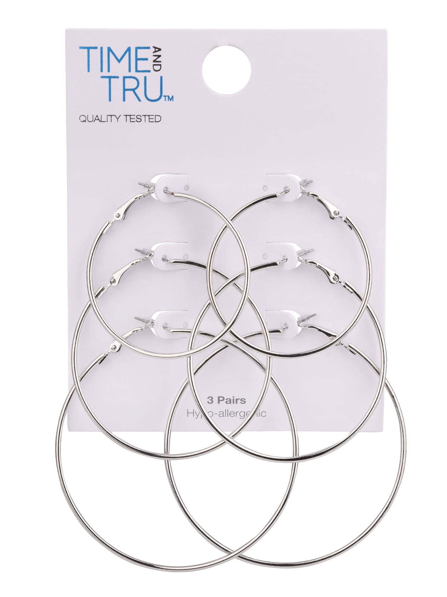 Time and Tru Adult Female 3 Pair Silver Tone Metal Hoop Earring Set- No Stones - Image 3