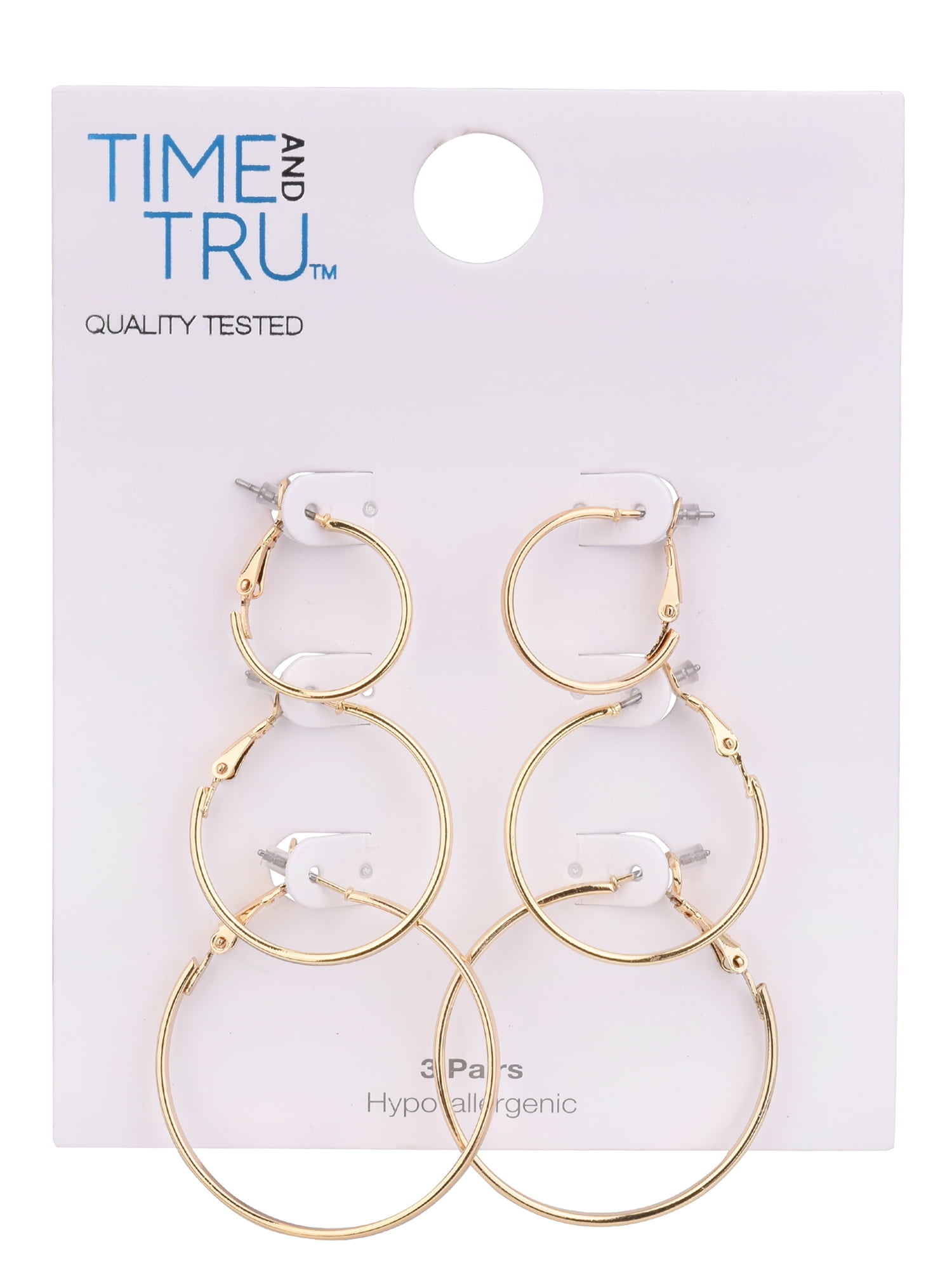 Time and Tru Adult Women's 3 Pair Gold Tone Thin Metal Hoop Earring Set - Image 2